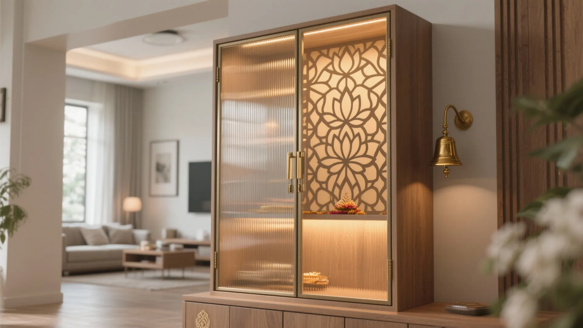 Wooden cabinet with glass doors and flower pattern panel next to a hanging gold bell