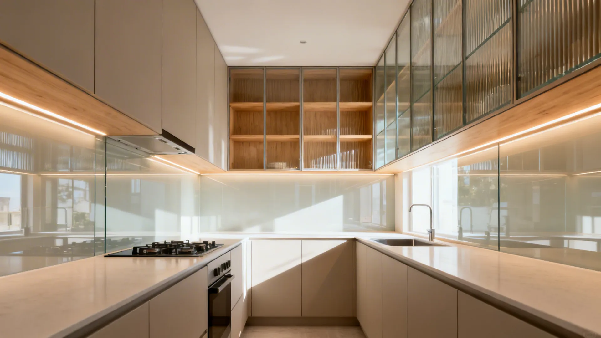 Small kitchen with fluted glass uppers, warm LED lighting, and a reflective backsplash.