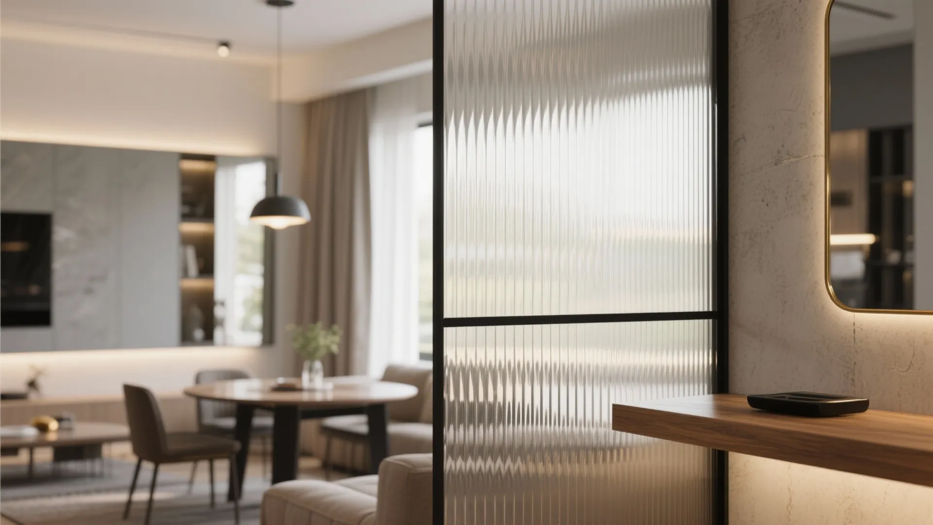 Glass Partitions, Mirrors, and Layered Lighting