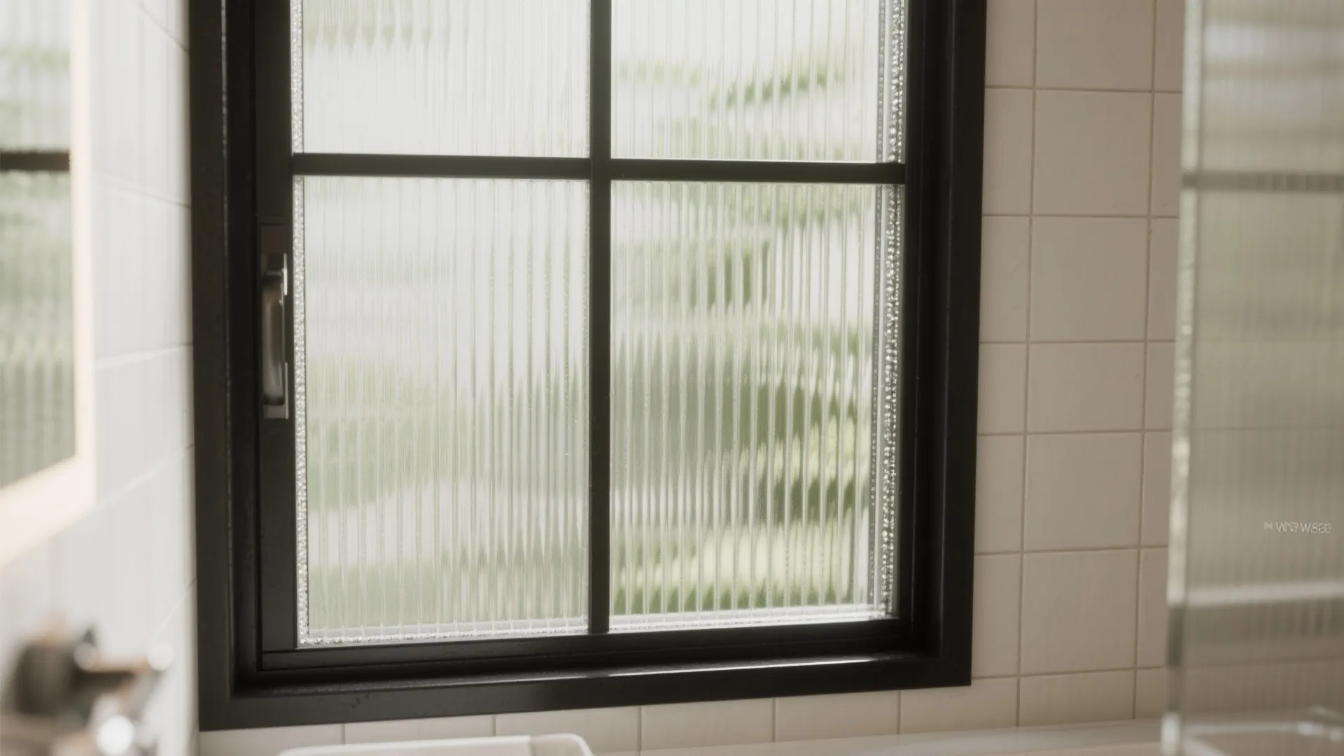 Close-up of reeded glass window with matte black frame diffusing soft light in a tiny bathroom.