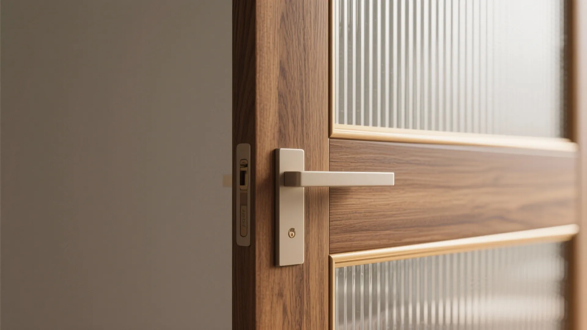 Modern wooden door featuring ribbed glass panels and a sleek silver handle in a room