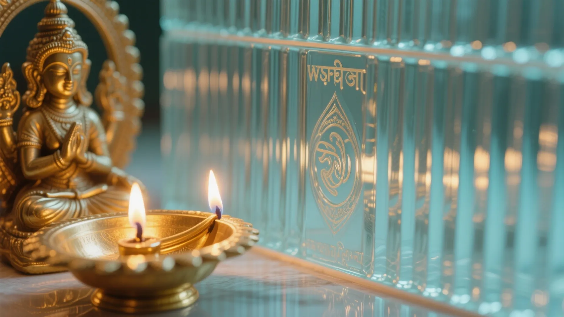 Close up of a golden statue and oil lamp with flames against a textured glass