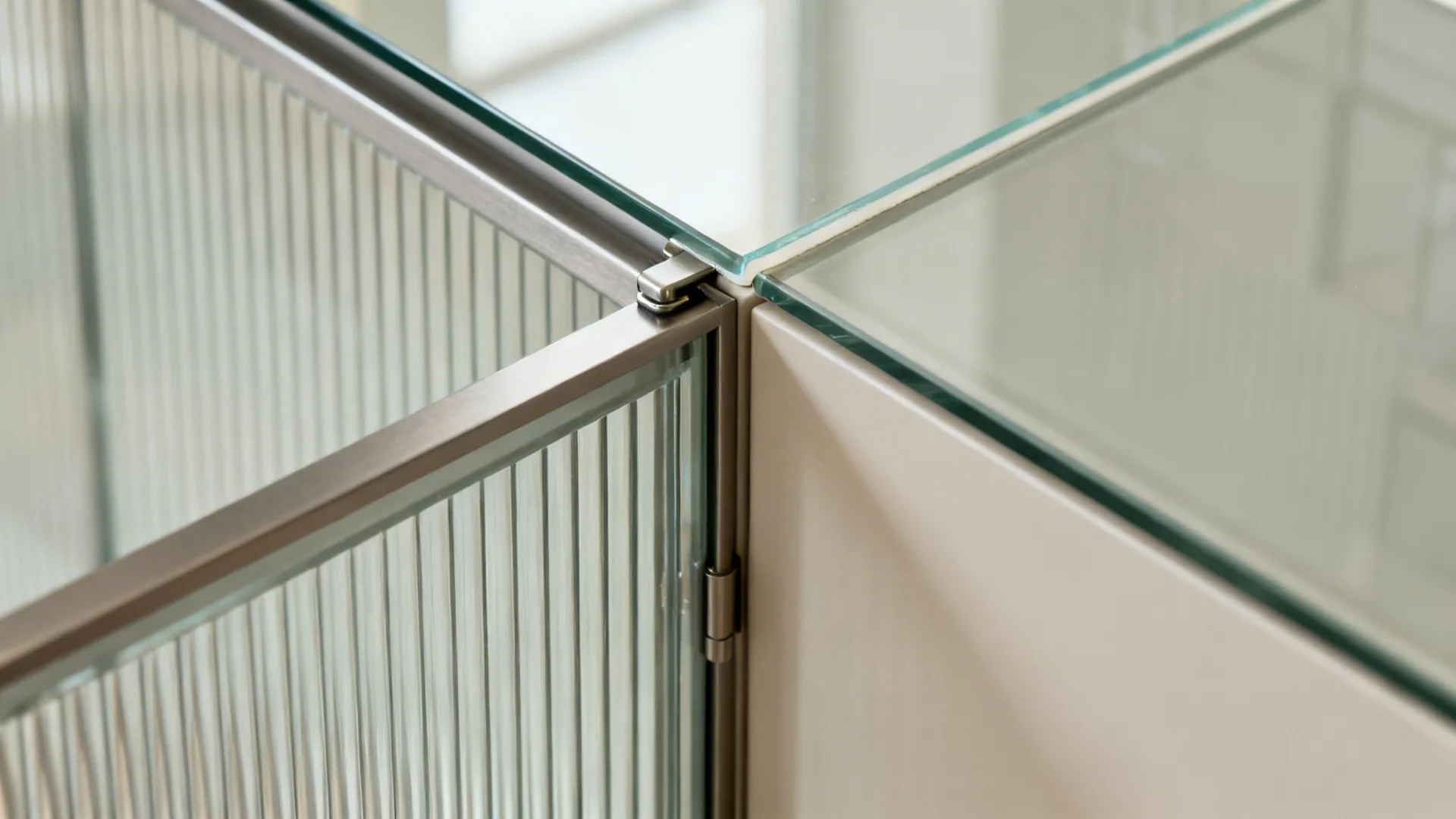 Close-up of fluted glass cabinet door and tempered glass backsplash edge.