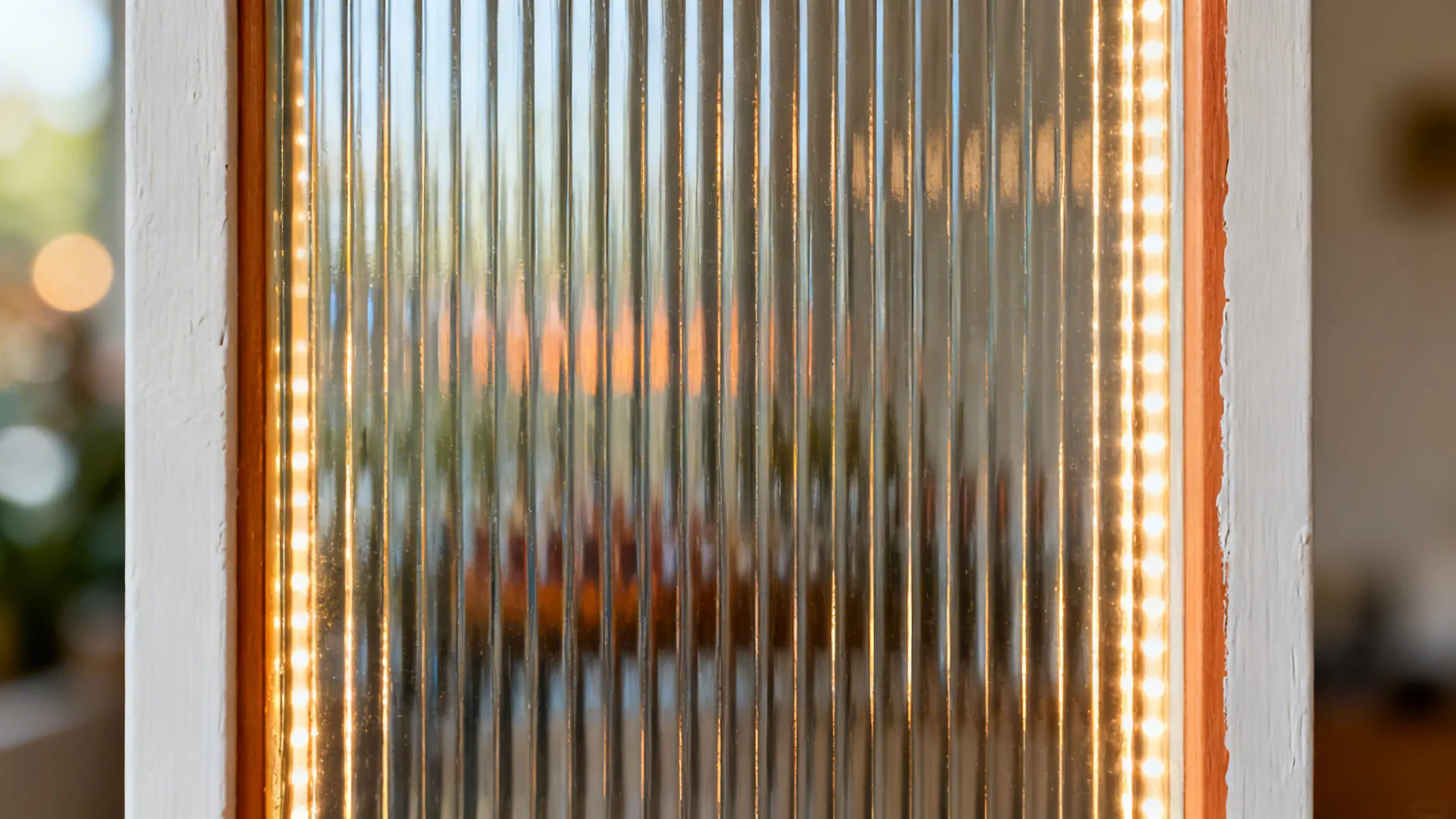 Close-up of ribbed fluted glass with warm interior light and a painted frame.