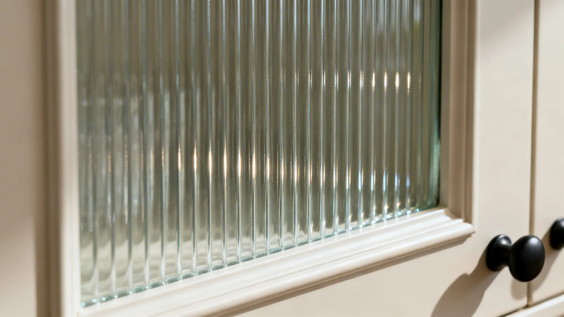Macro view of vertical fluted glass ribs diffusing light in a cabinet door.