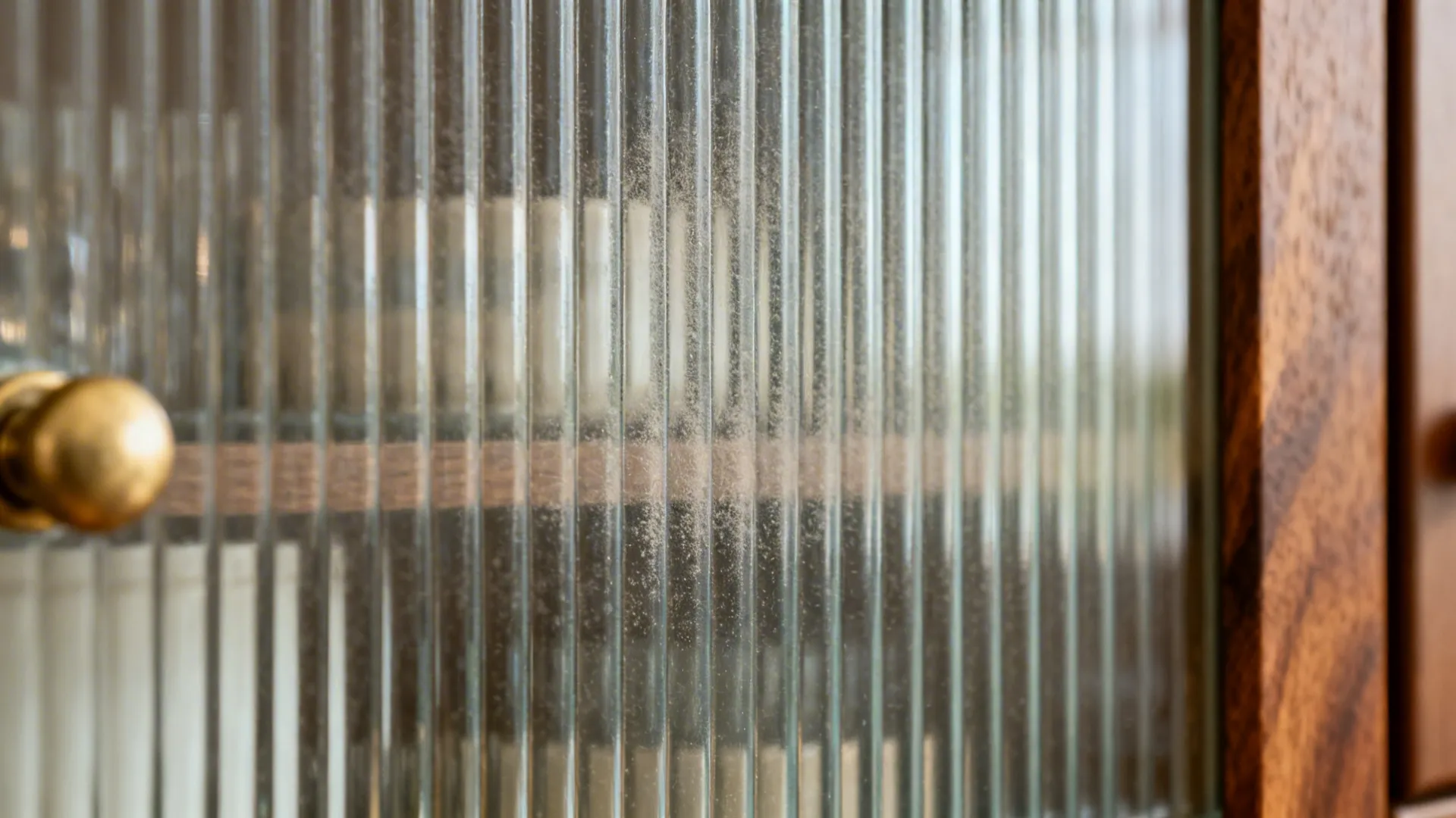 Macro of vertical reeded glass texture with warm brass and wood accents.