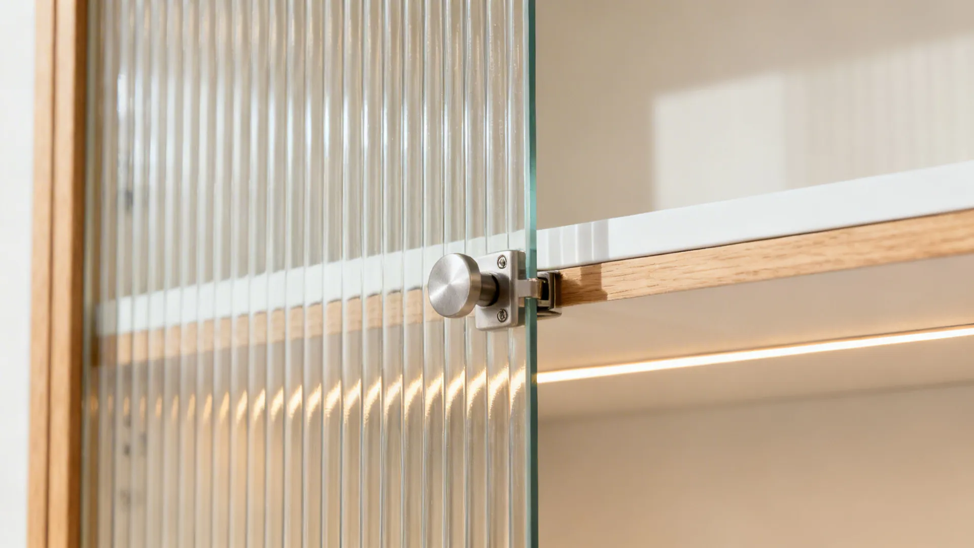 Close-up of fluted glass cabinet door with warm interior LED lighting.
