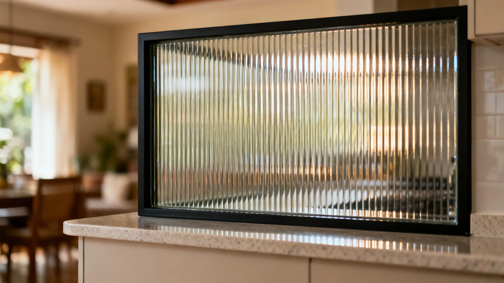 Close-up of fluted glass with ribbed texture and matte black frame on a half-height counter.