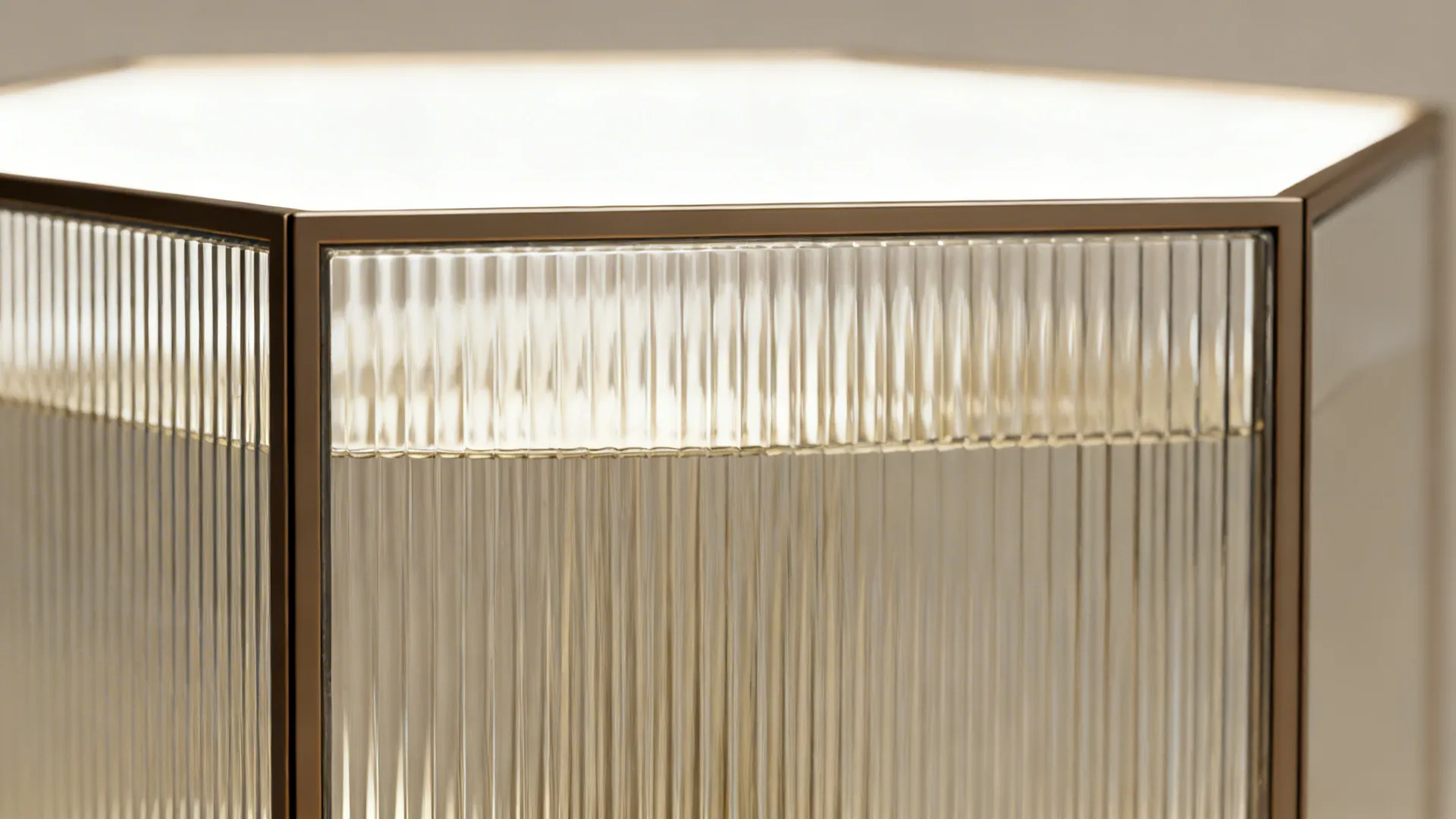 Macro of fine vertical fluted glass texture in a slim cabinet frame.