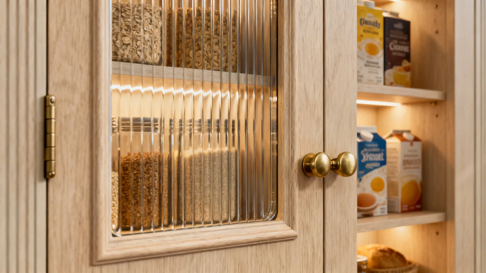 Close up of wood cabinet with fluted glass doors, gold knobs, and organized pantry items