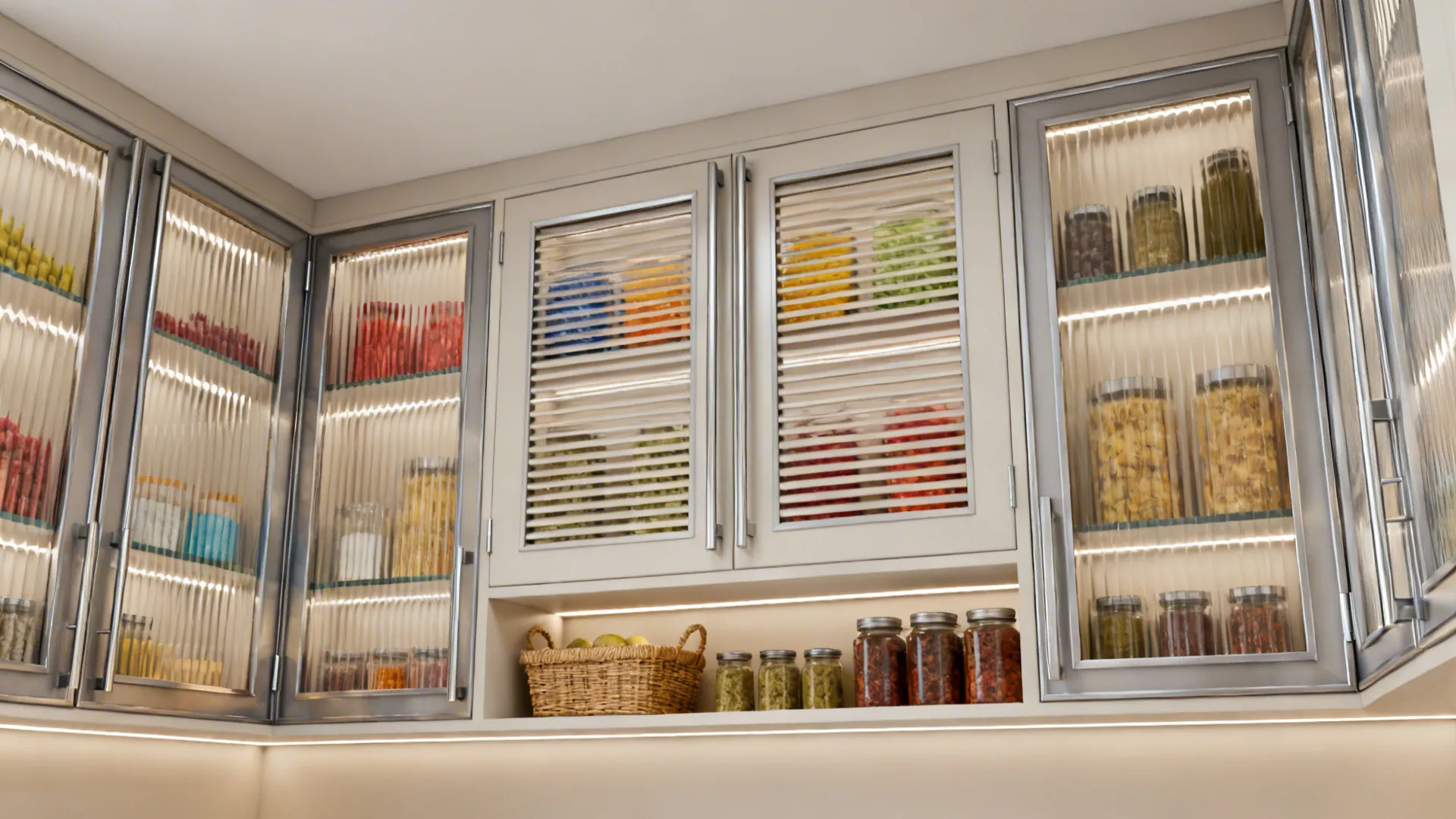 Compact pantry wall with fluted glass upper shutters in slim aluminum frames with soft LED glow.