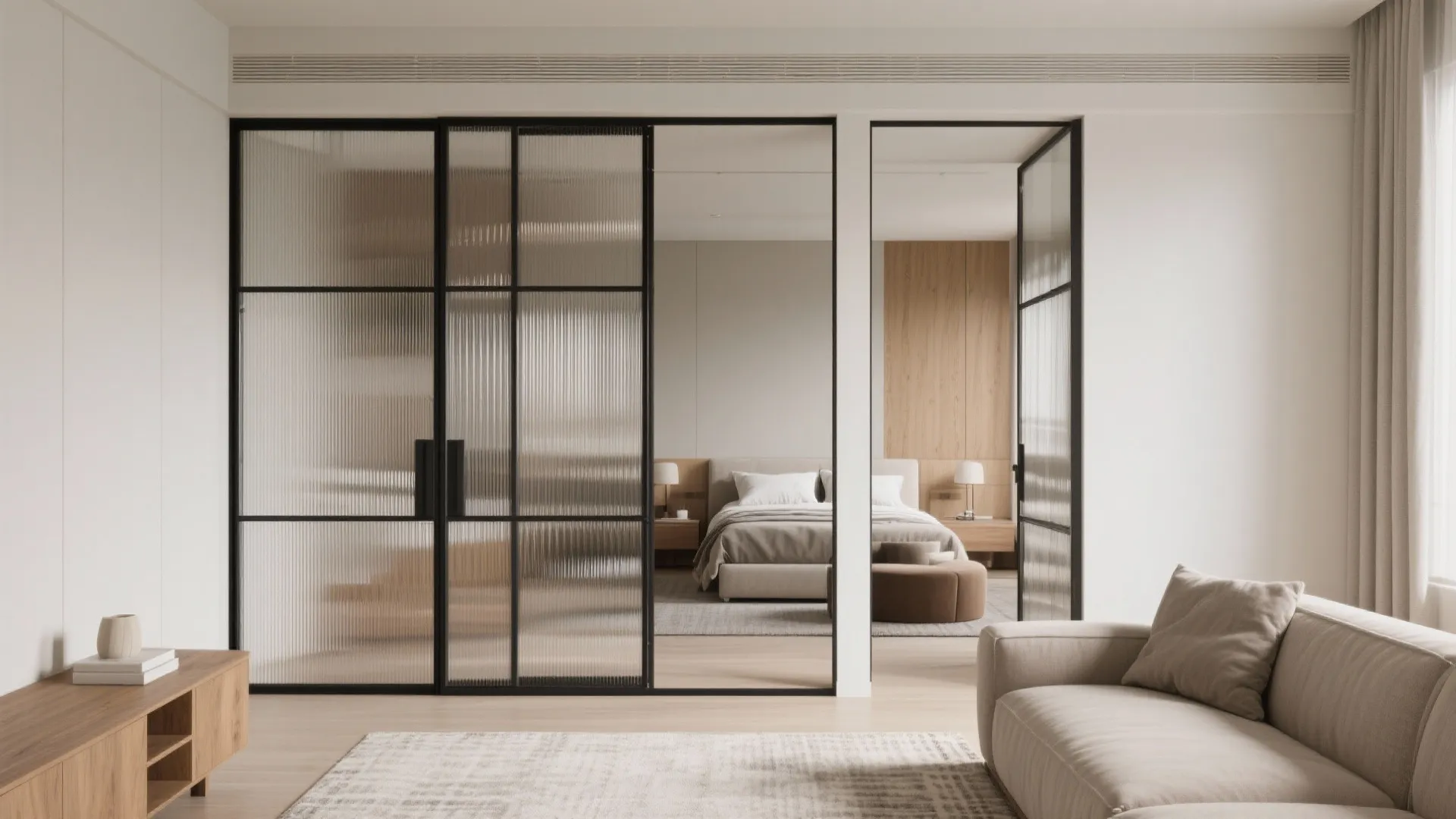 Glass partitions and mirror play for airy openness
