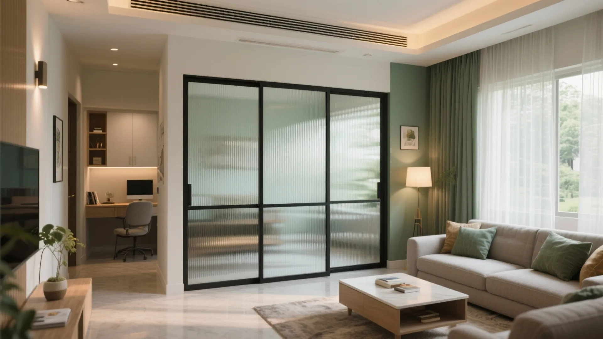 Modern living room with a black metal frame glass sliding door separating the home office area