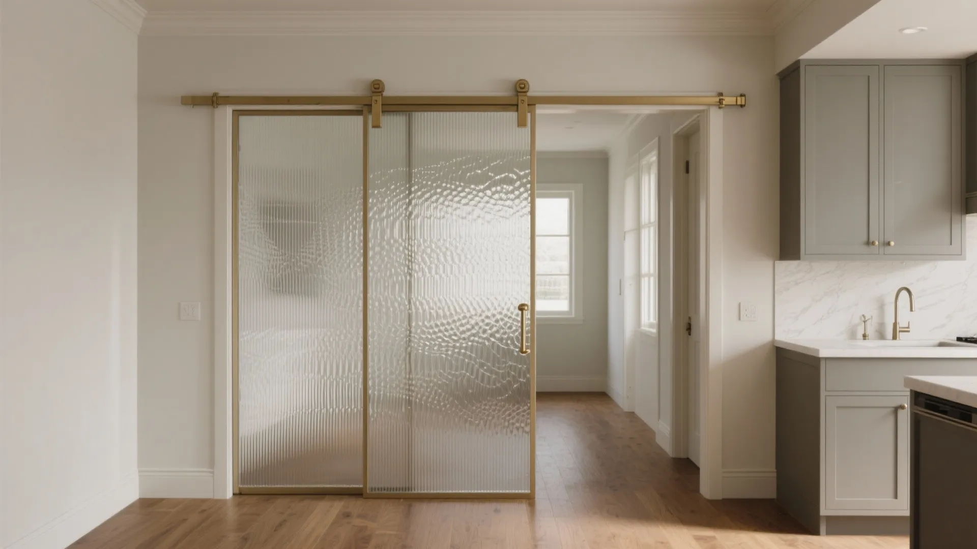 Modern kitchen with brass hardware featuring textured glass sliding doors leading to a bright room