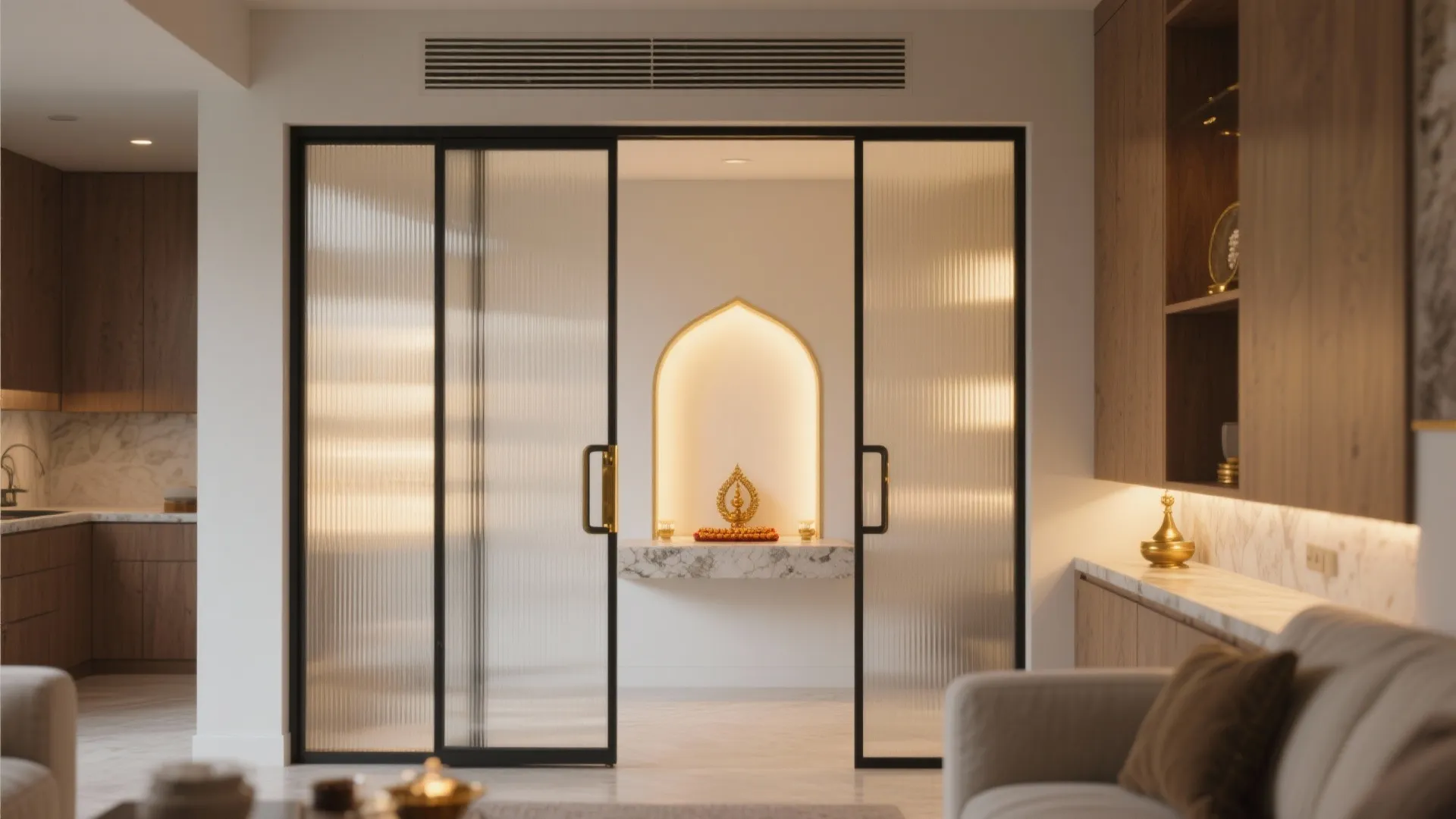 Living room with sliding fluted glass doors opening to a bright arched prayer room niche