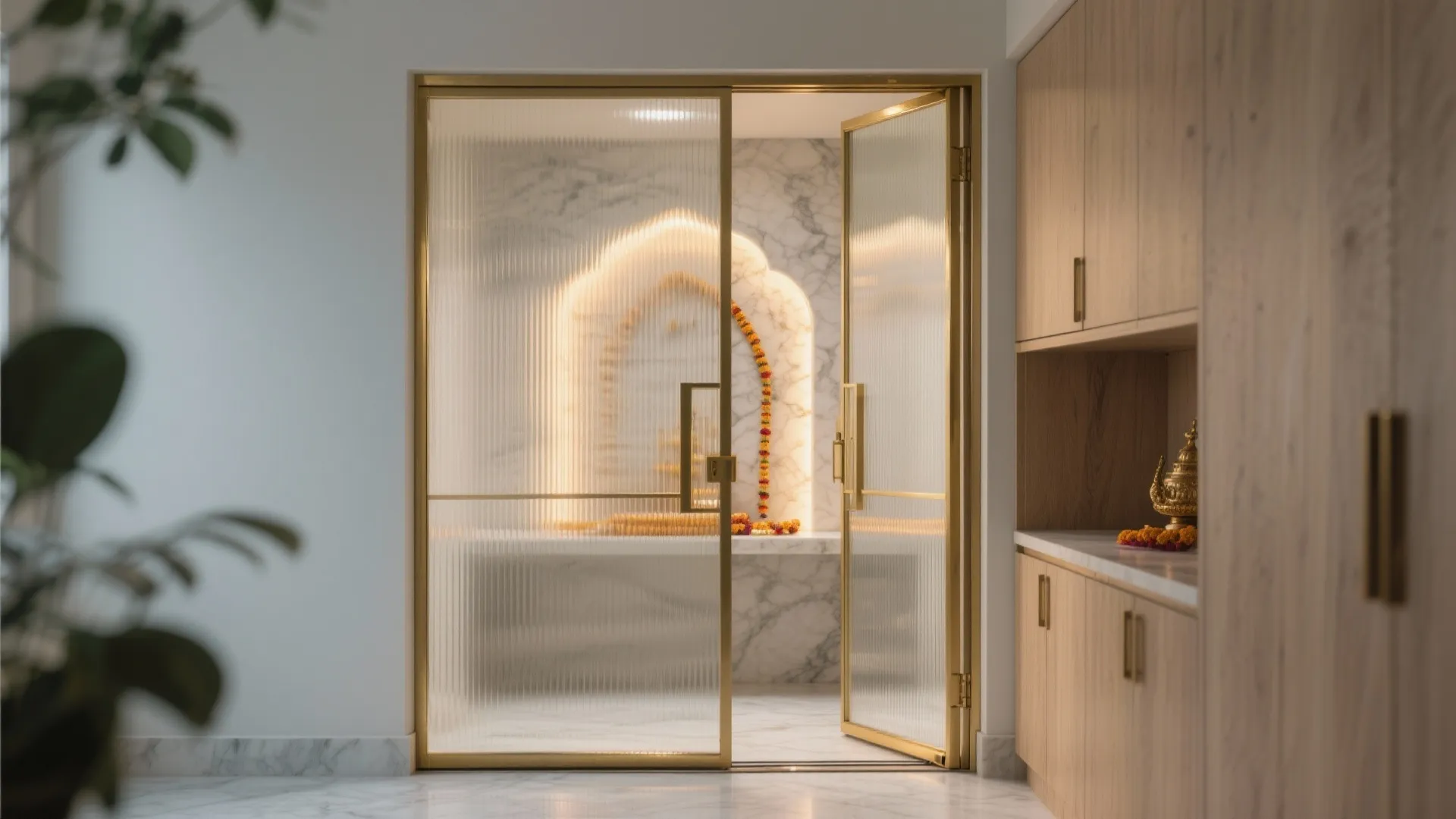 Gold framed glass doors opening into a marble room with an arched wall light and cabinets