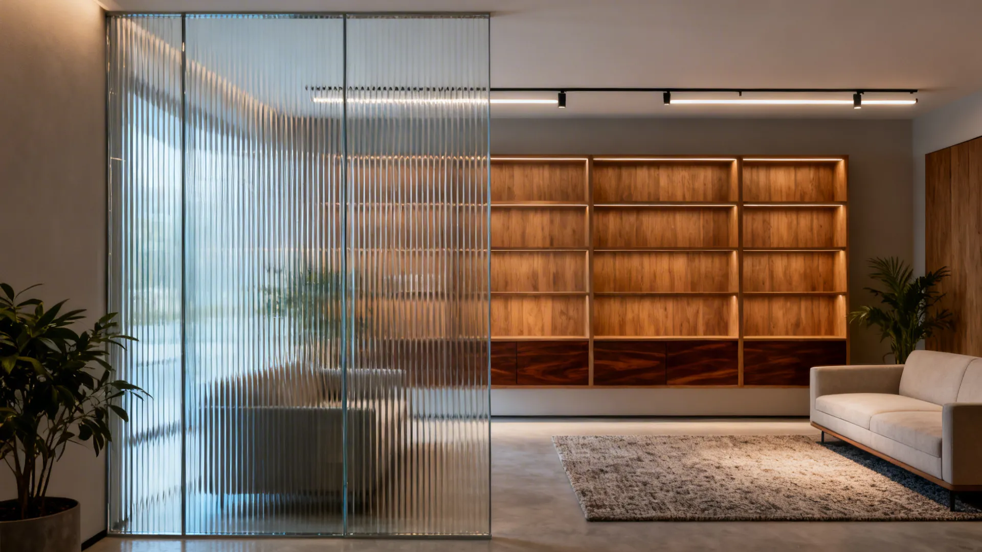 Living room with a fluted glass partition that softly blurs views and spreads light.