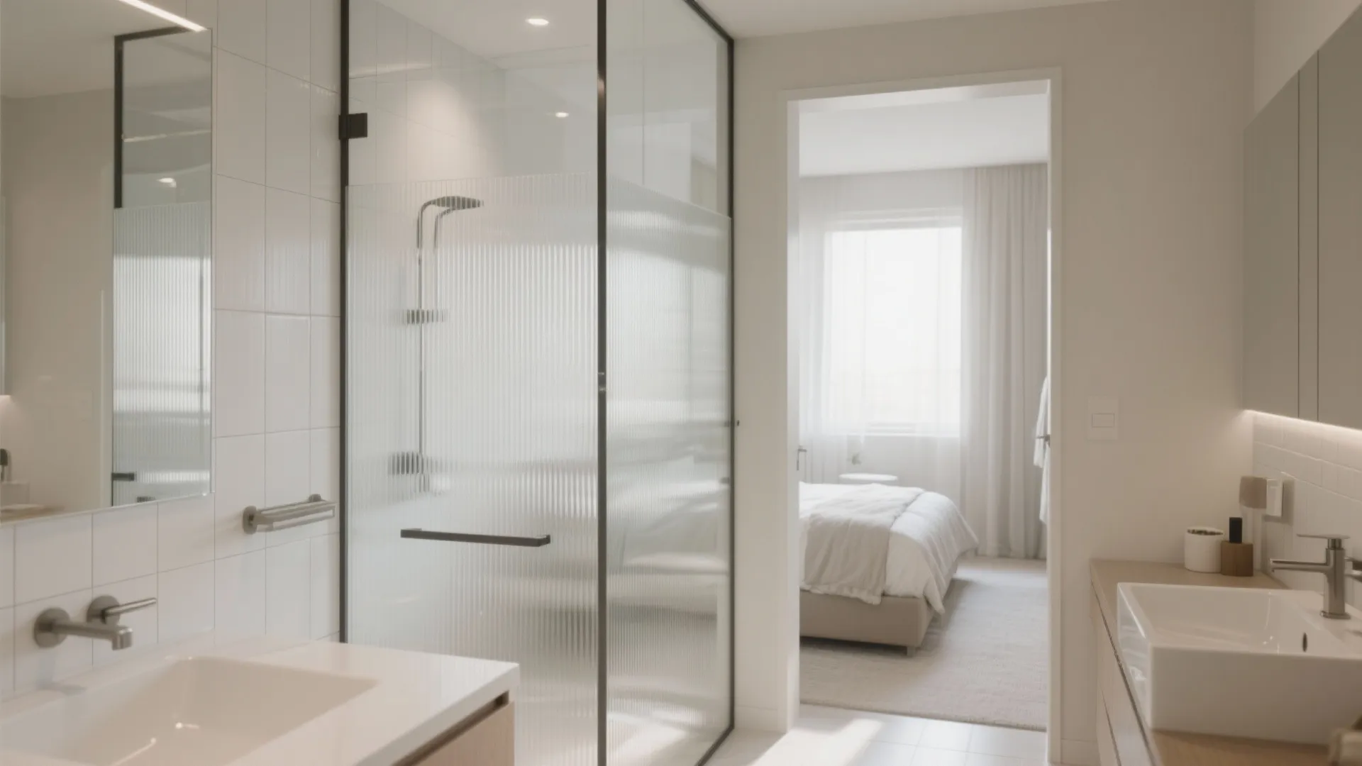 2) Glass partition shower with fluted privacy panels