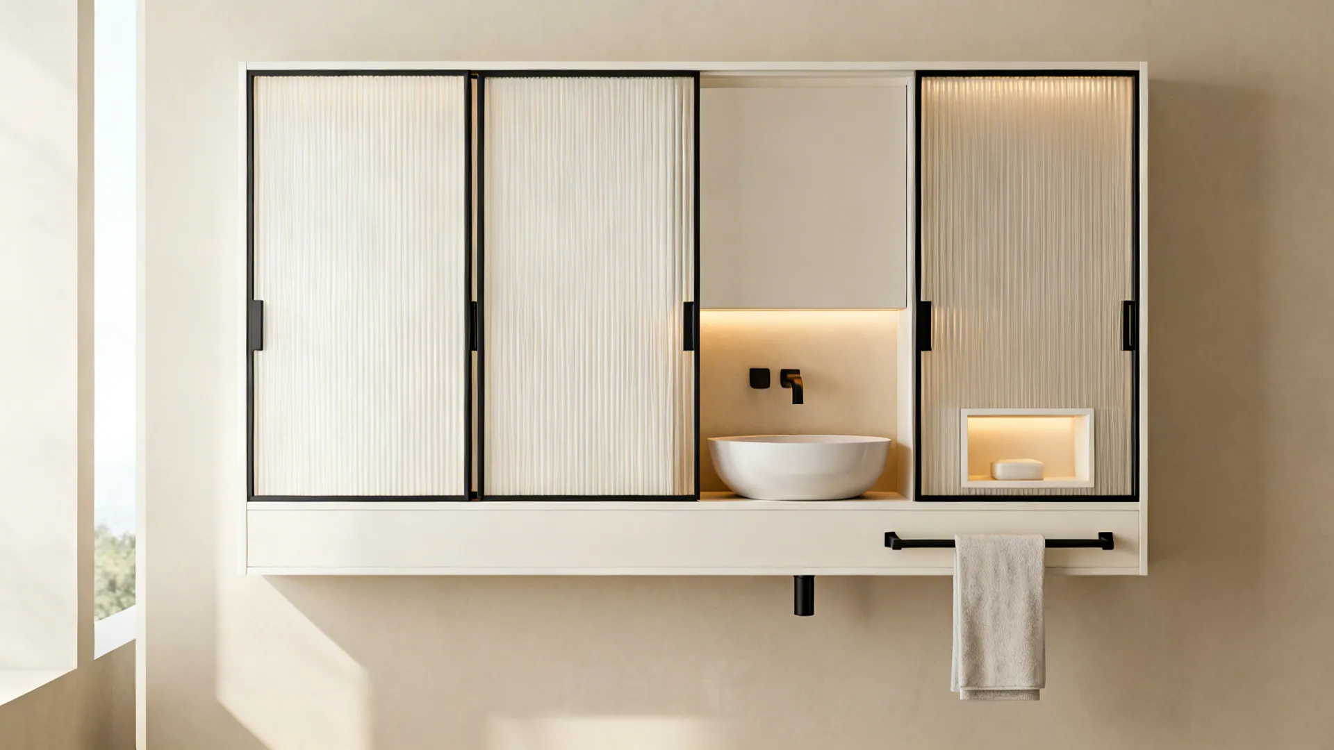 Minimalist rack with fluted-glass sliding panels revealing a hidden wash basin and towel rail.