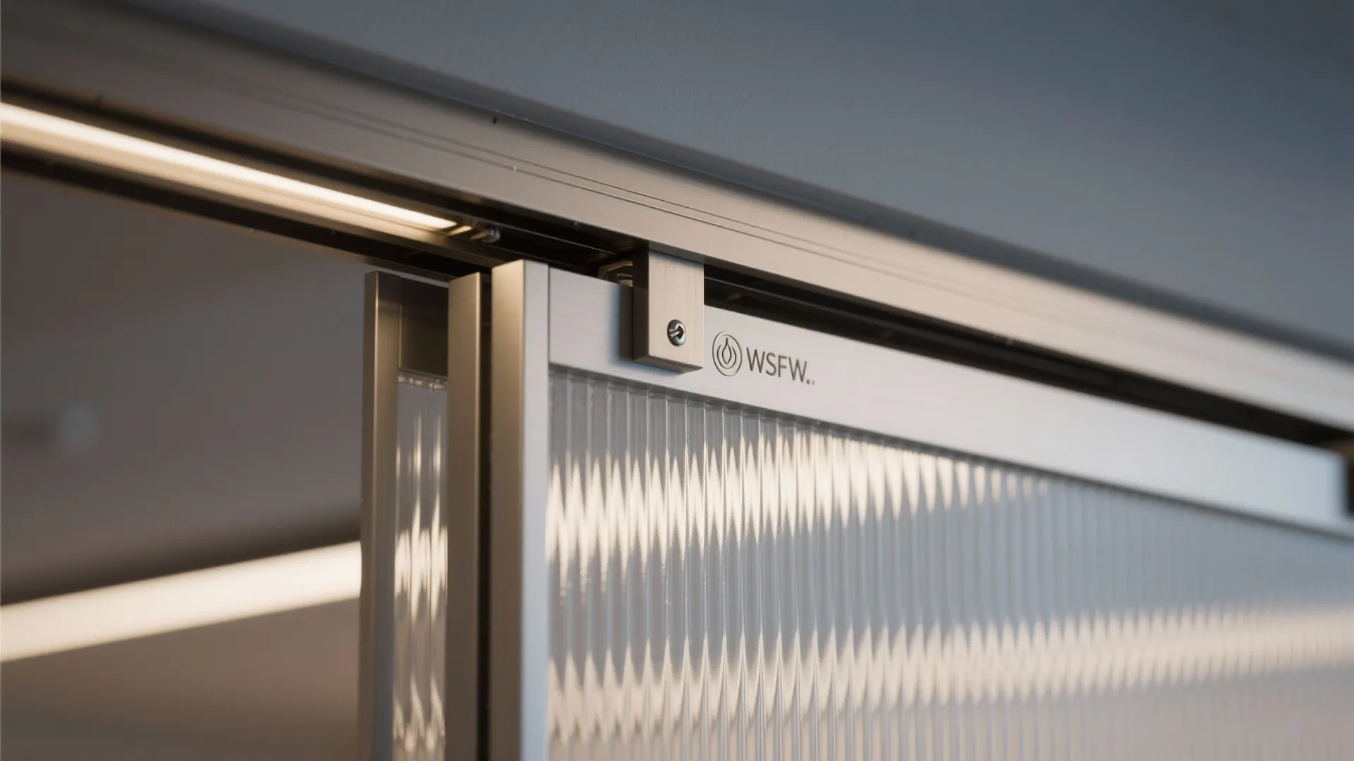 Close up view of sliding textured glass door with metal frame and ceiling track hardware system