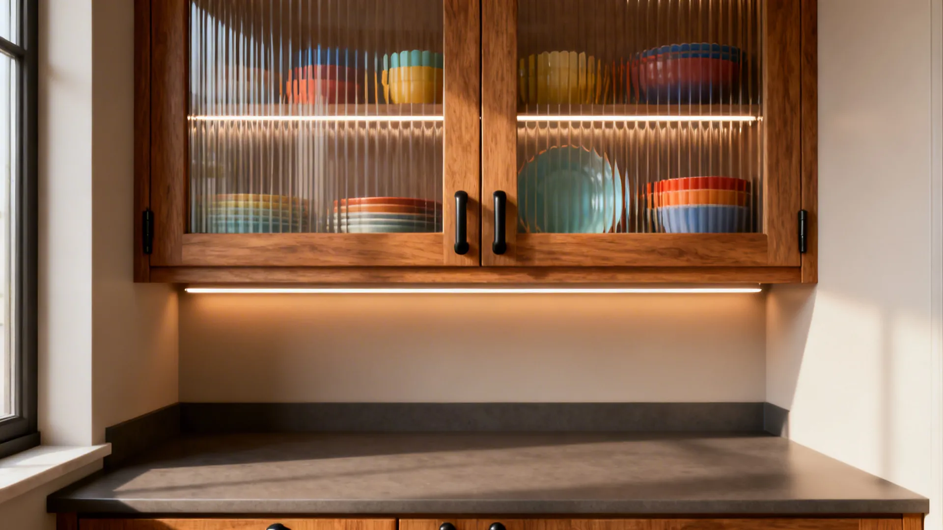 Fluted-Glass Upper Cabinets to Soften Clutter