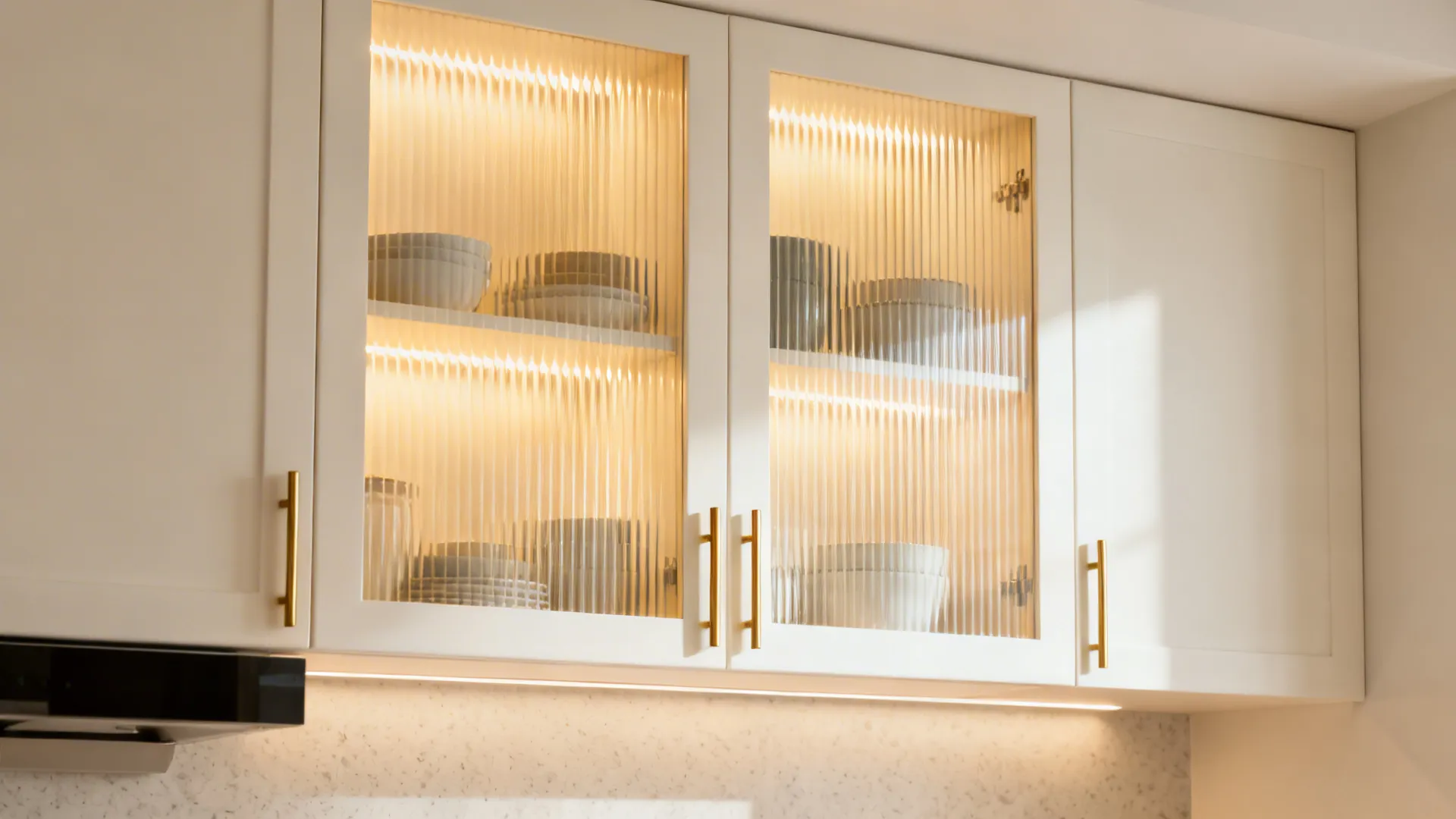 Upper cabinets with fluted glass doors softly diffusing interior lighting in a bright kitchen.
