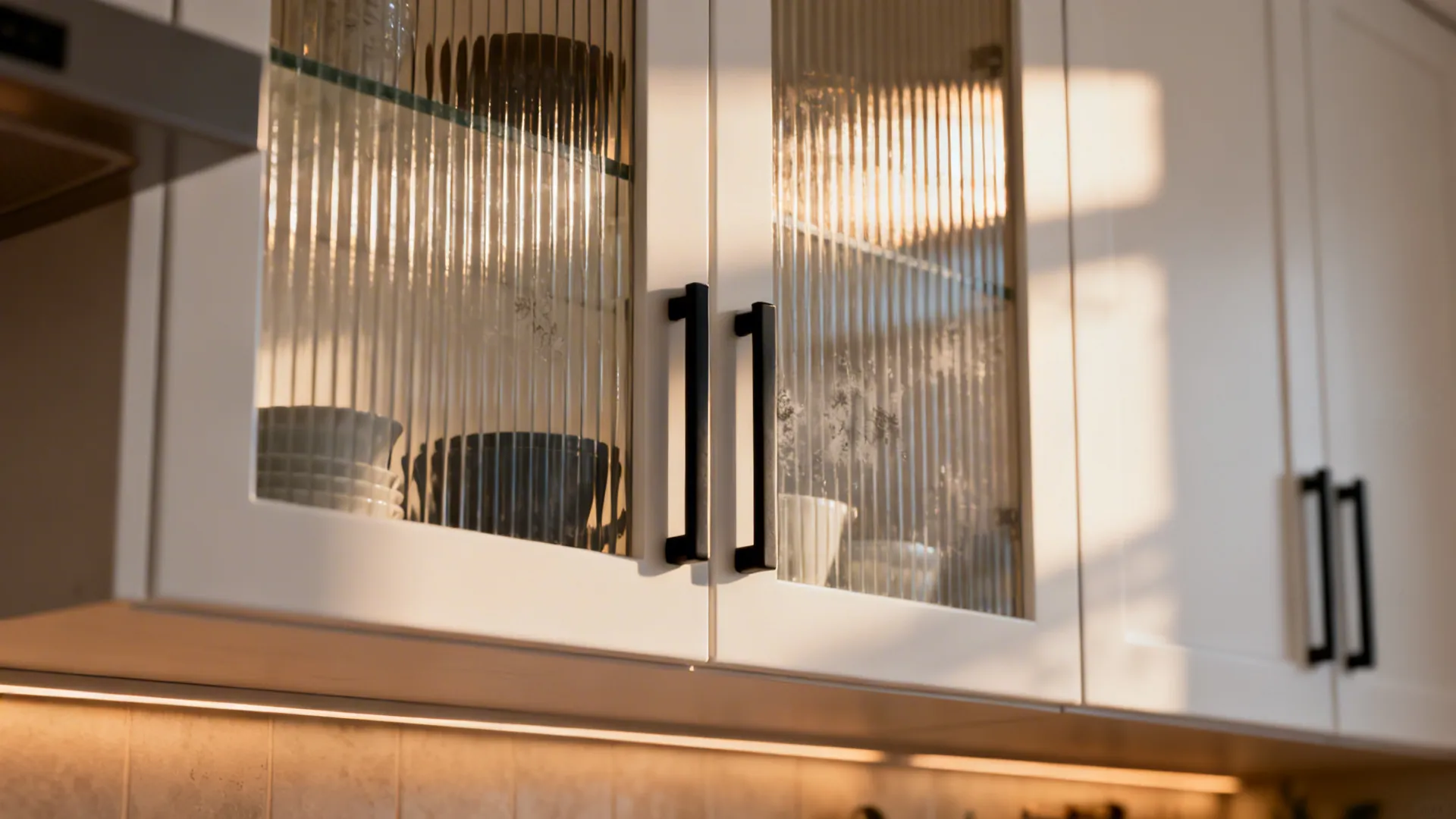 White kitchen cabinets featuring textured glass doors, black handles, and warm lighting inside the shelves