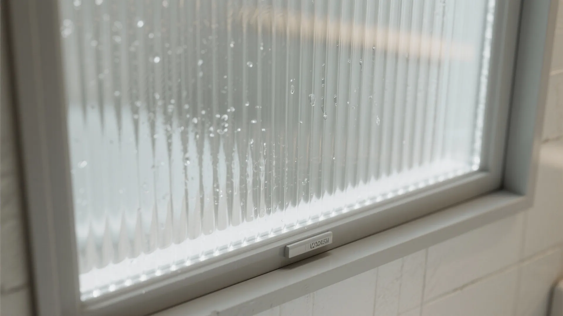 Close up of a frosted glass window with water drops in a modern tiled bathroom