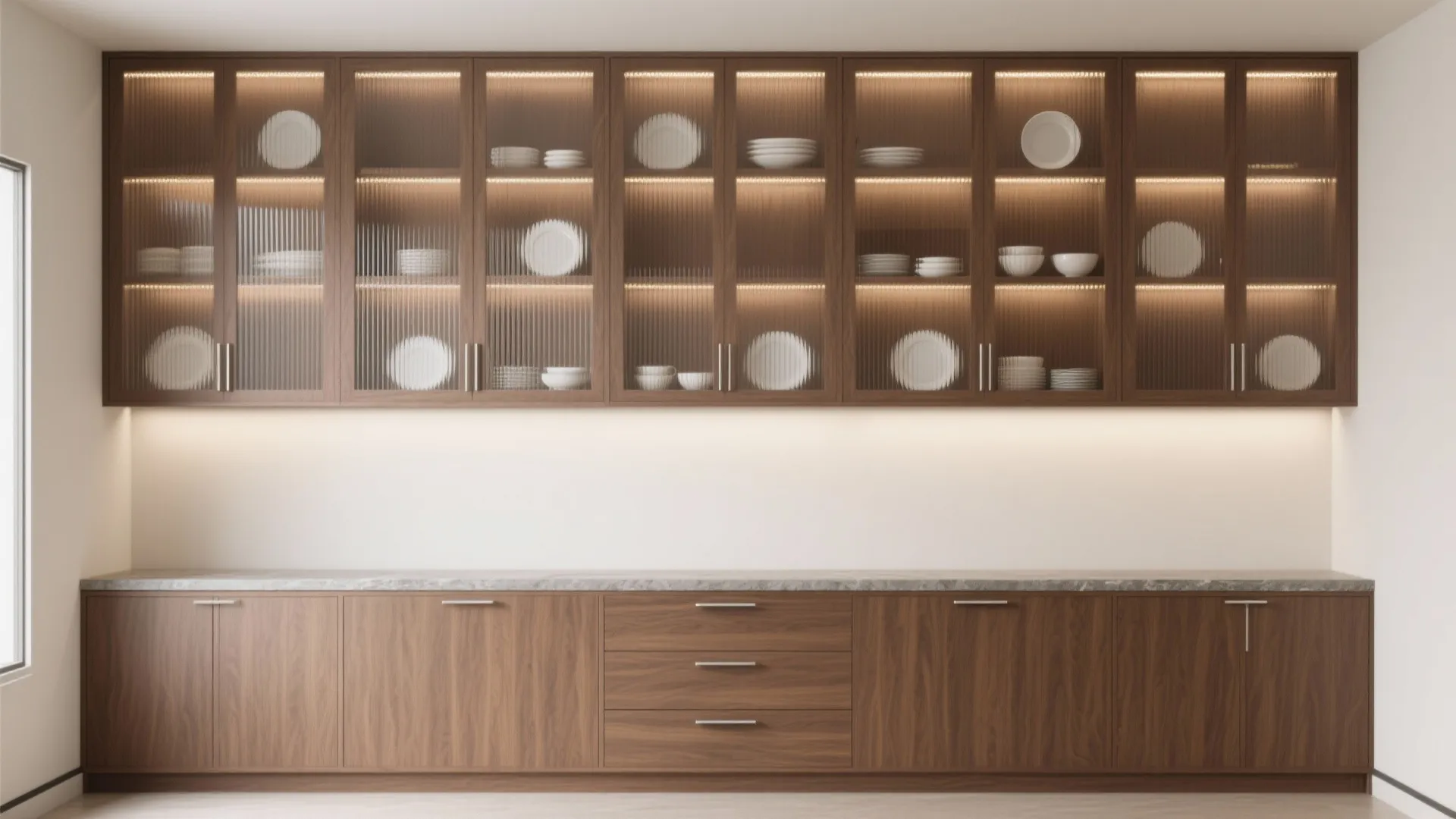 Minimalist built-in crockery wall with fluted glass