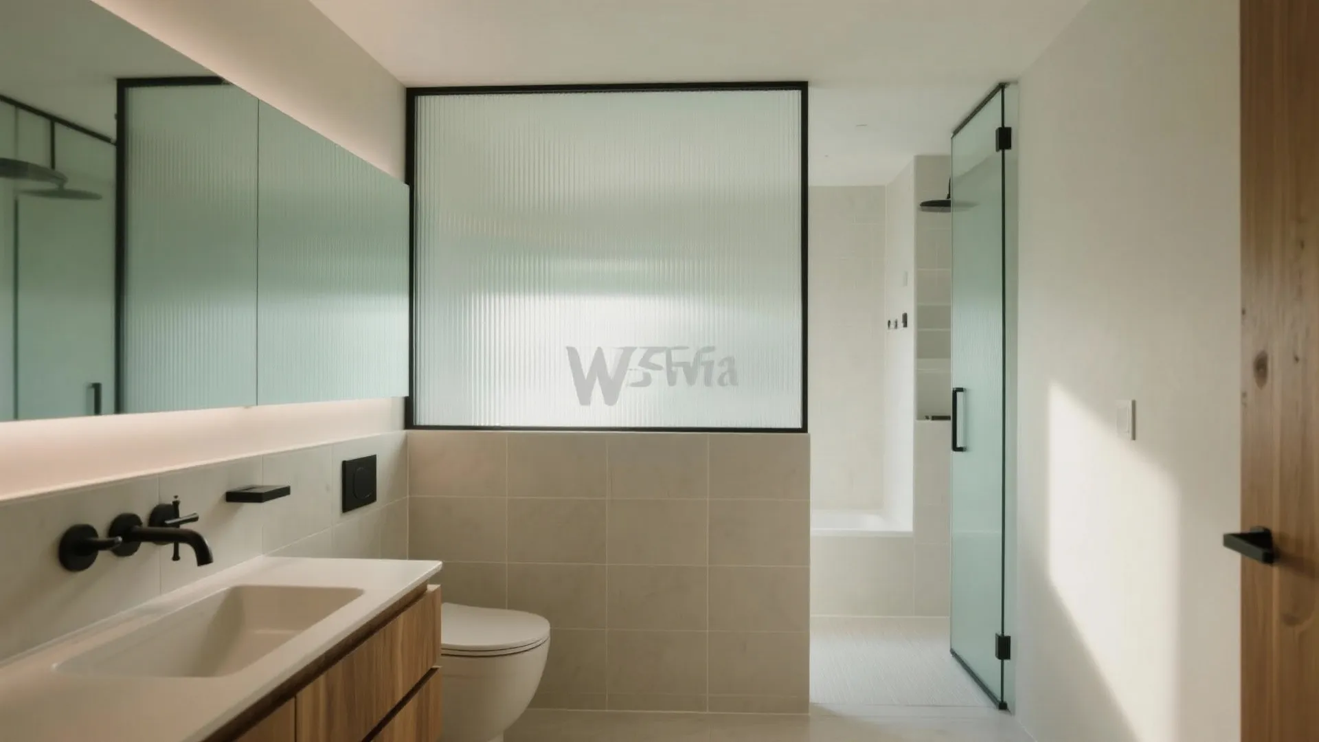 Borrowed light via fluted glass between WC and bath; diffused daylight keeps silhouettes discreet.