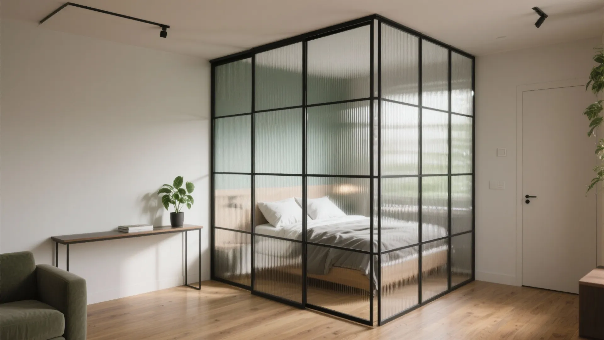 Bedroom space enclosed by black framed glass walls with wooden floors and a green sofa