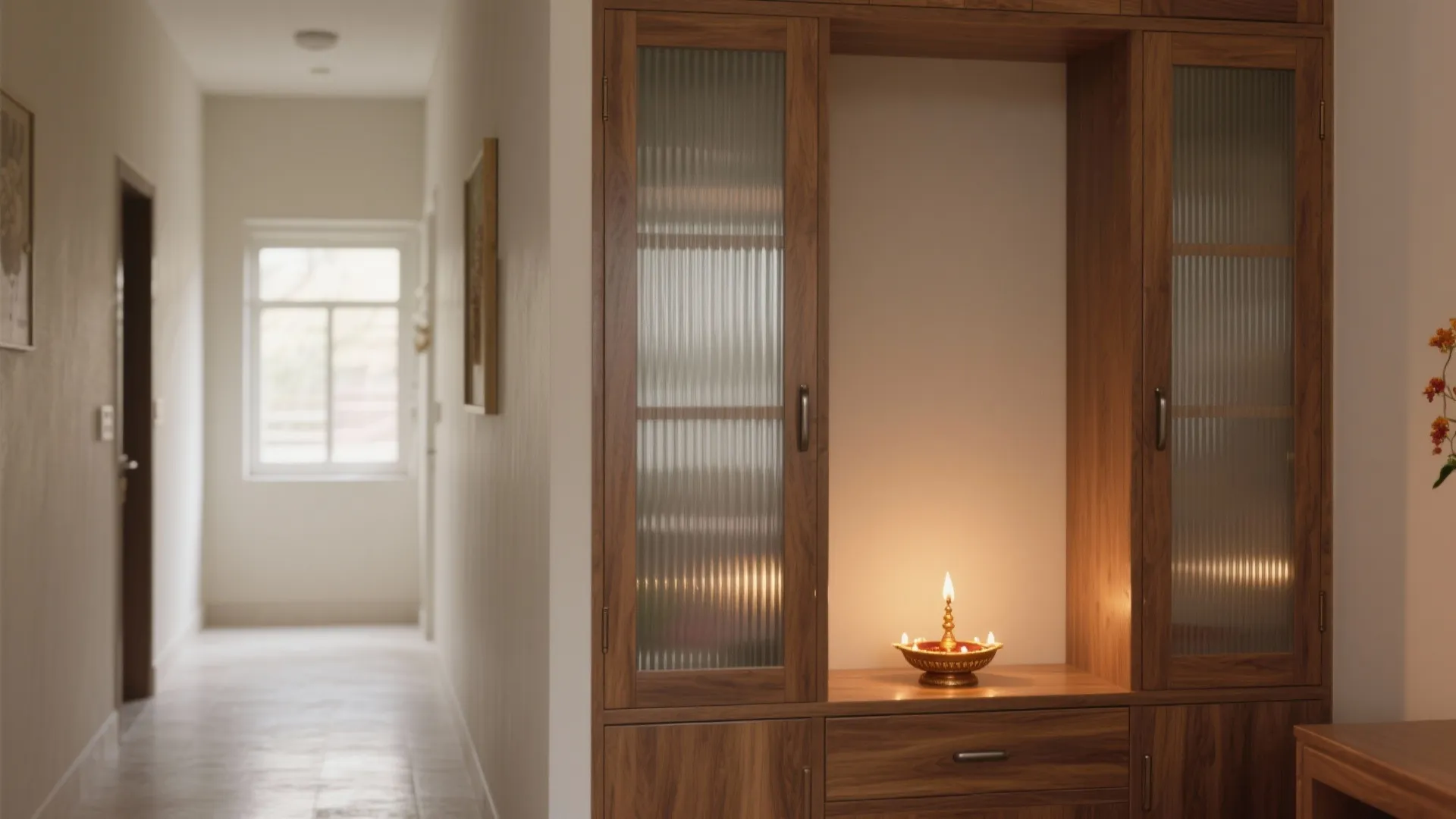 Wood + Fluted Glass Doors for a Soft Glow