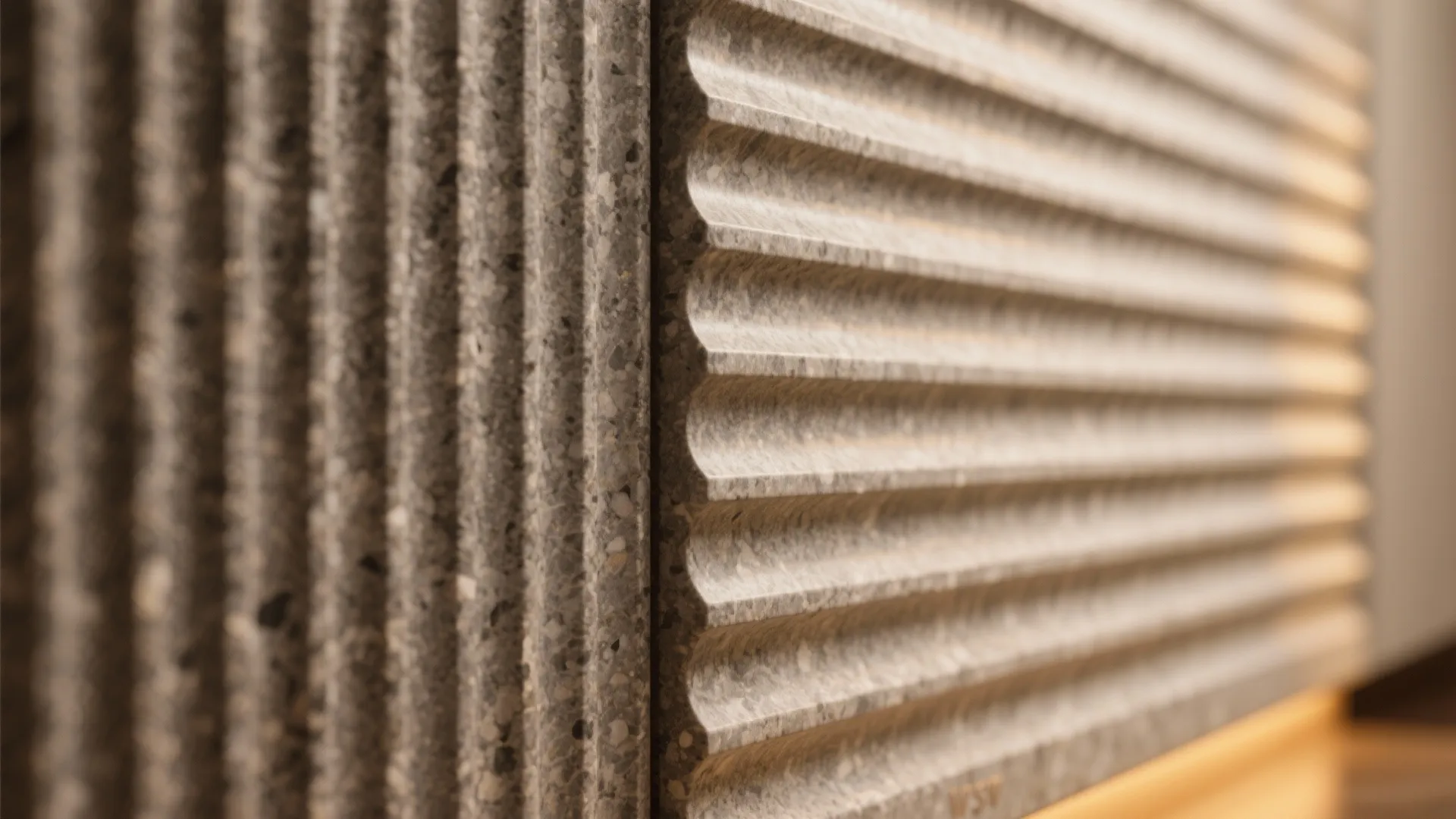 Close up of a textured grey stone wall panel with vertical lines for modern decoration