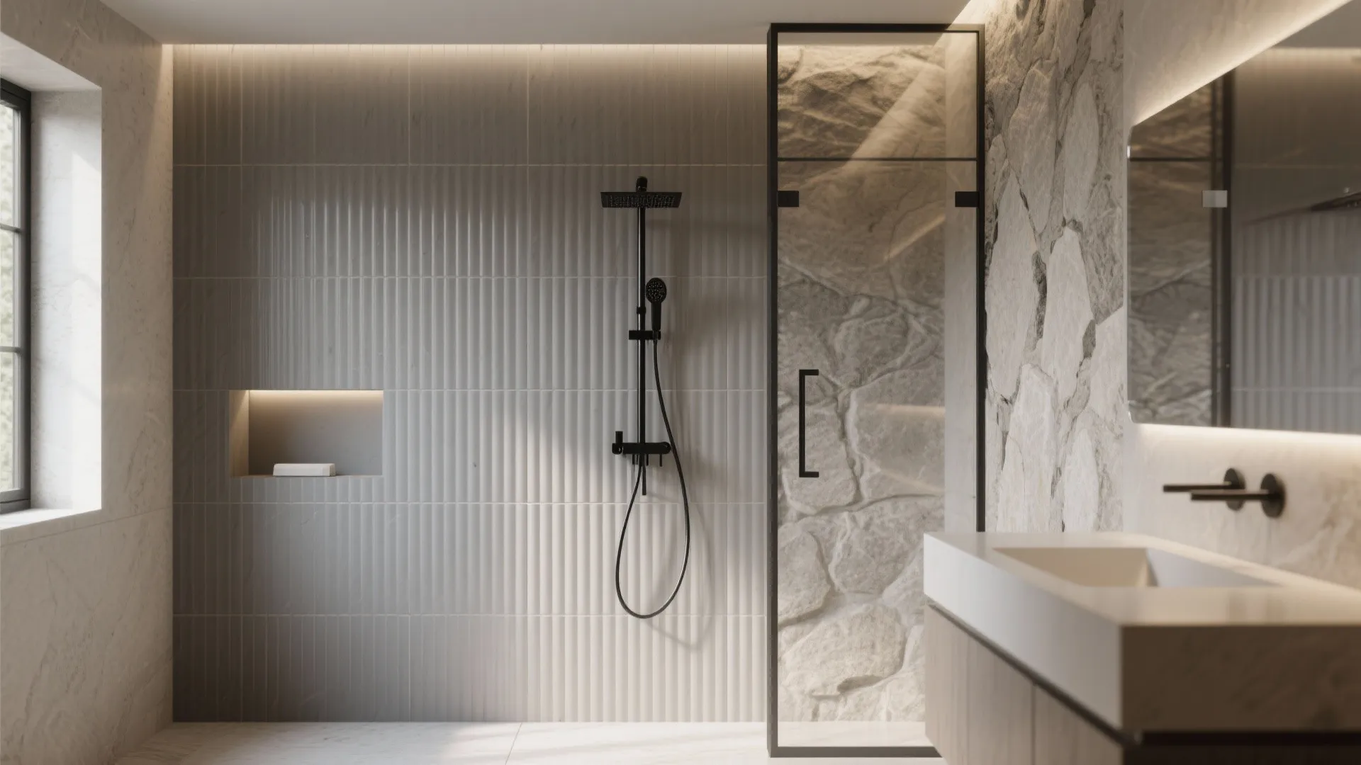 Fluted gray tile feature wall with stone-look porcelain and matte black shower fixtures.