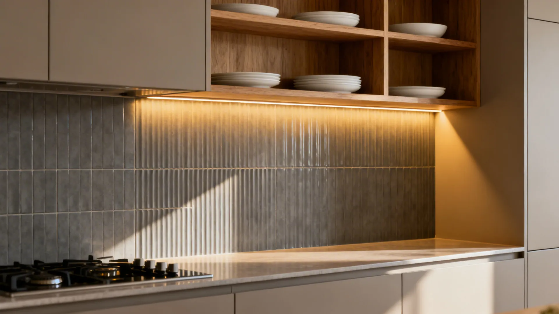 Mid-grey fluted tile feature wall behind open shelves with warm grazing light.
