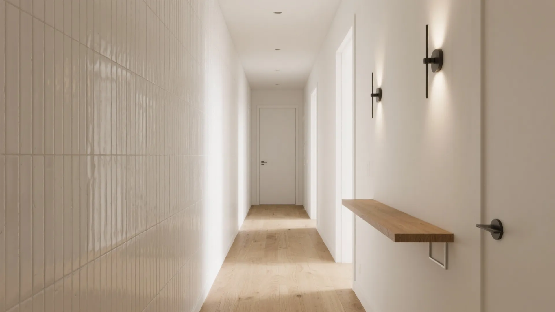 Fluted 3D Tiles for a Calm, Minimal Hall