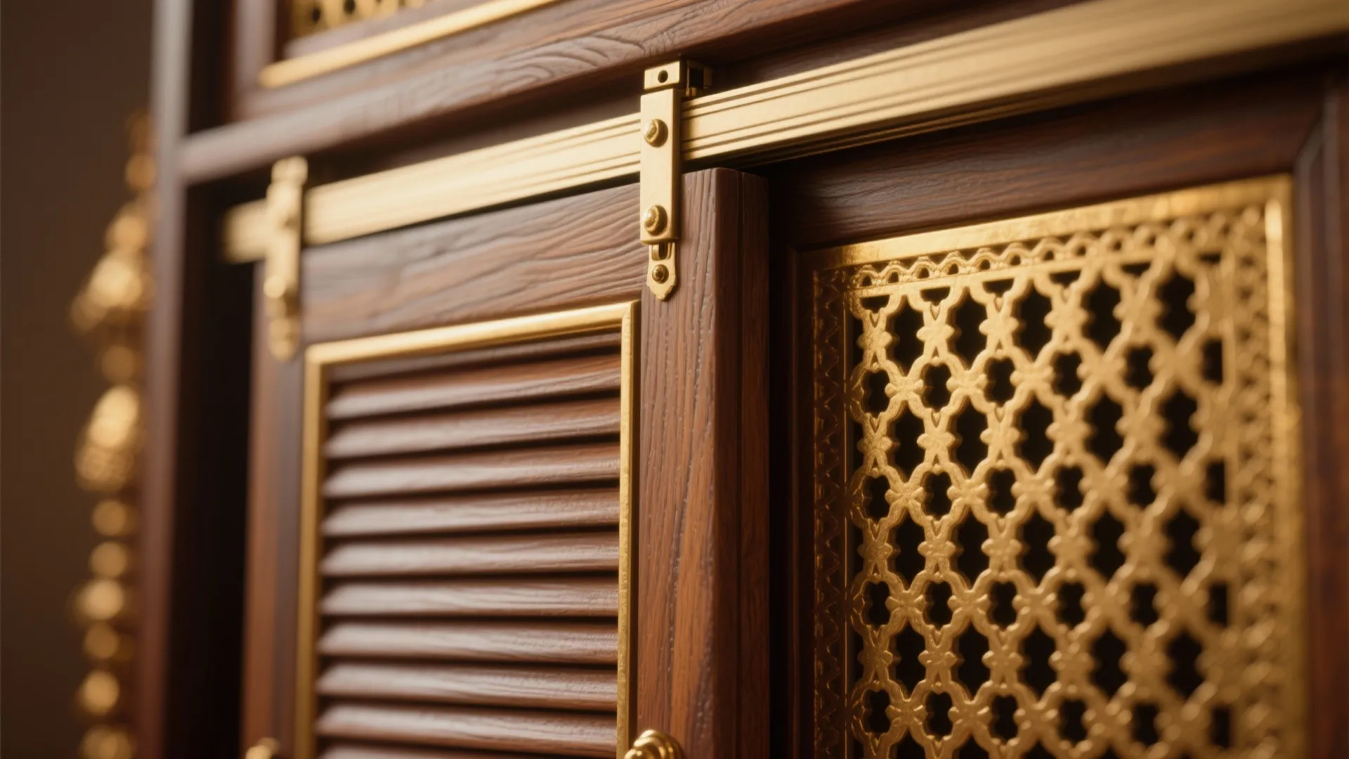 Macro of fluted wood sliding door, top-hung track, and perforated brass jaali.