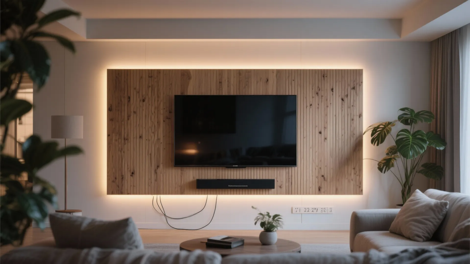 Media wall with fluted panels and hidden LED