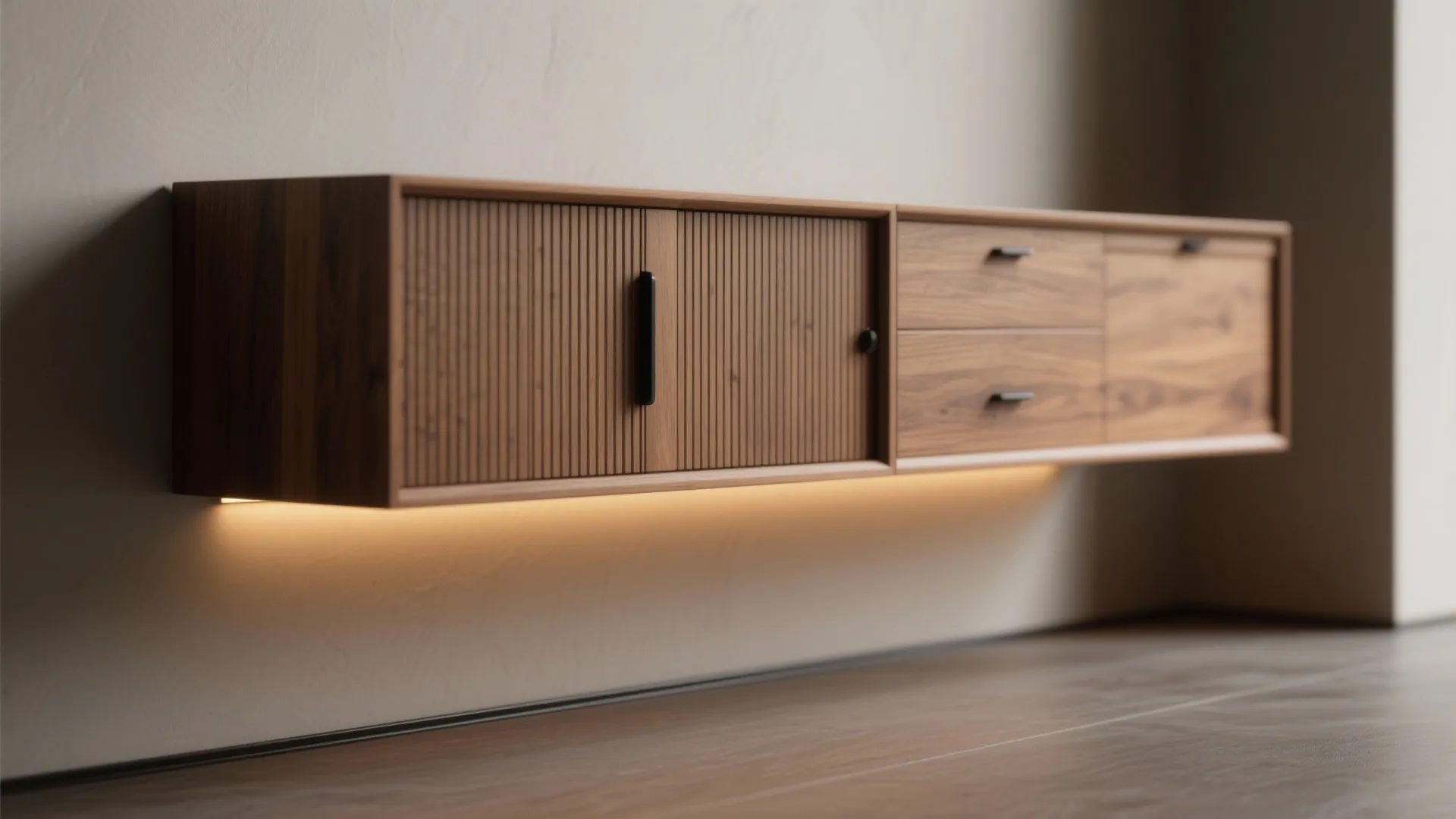 Floating Credenza Almirah With Fluted Doors and Lighting