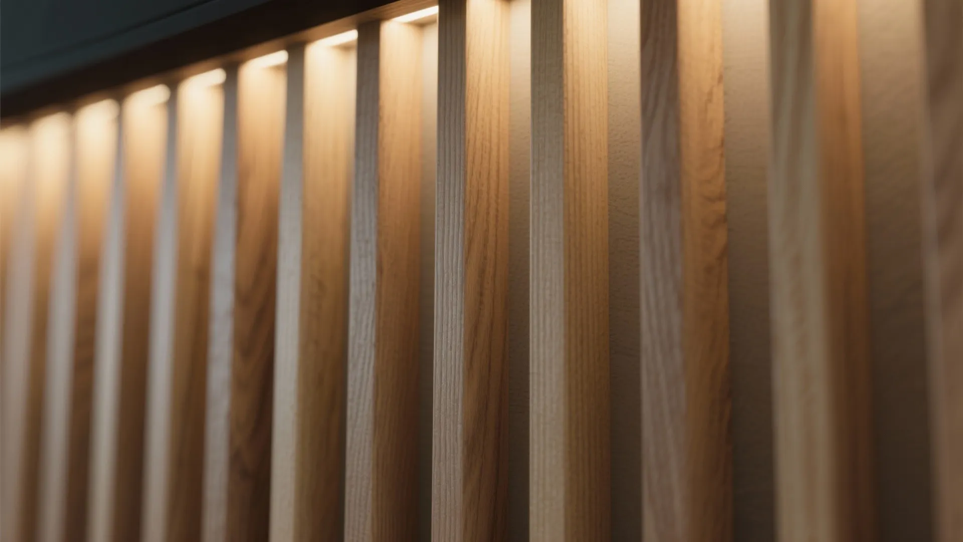 Close up of vertical wooden wall panel slats with warm hidden light fixture shining from above