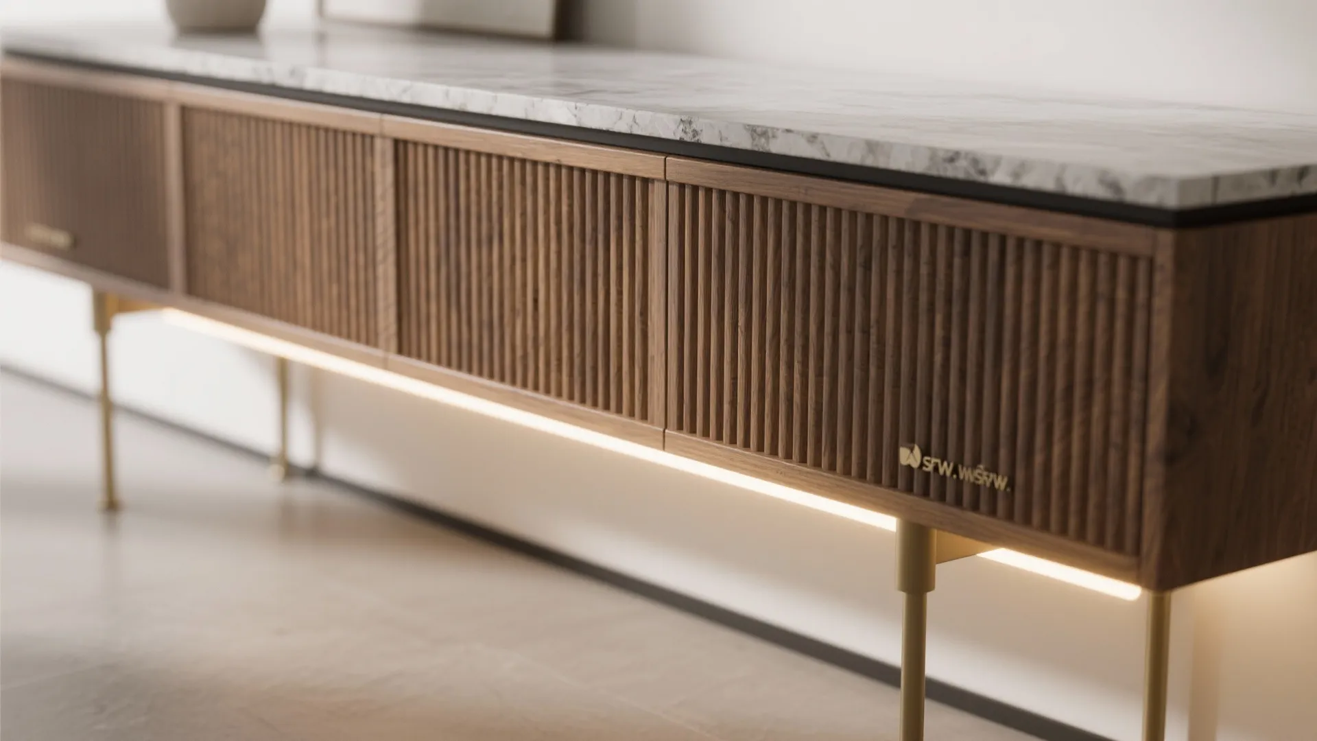 Floating Credenza With Integrated Lighting and Fluted Wood