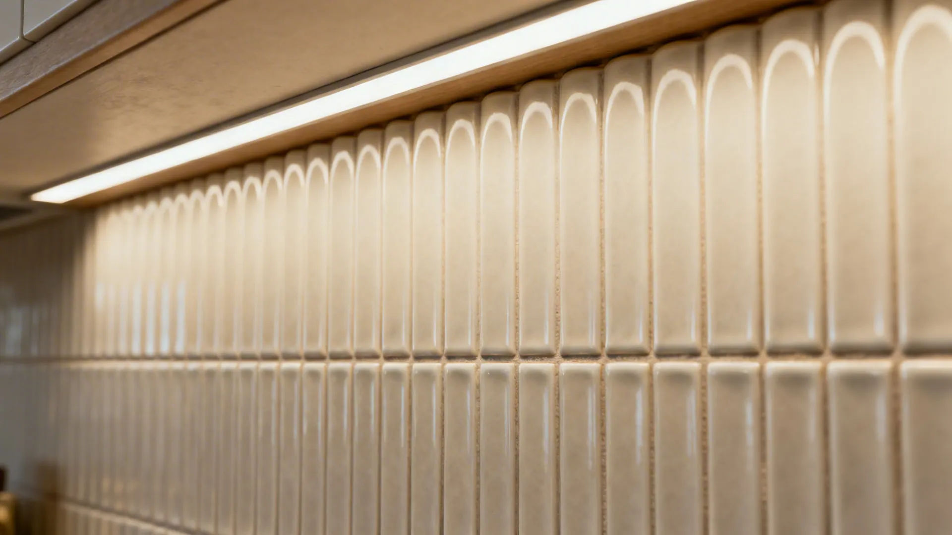 Macro of fluted ceramic backsplash showing clean ribs and soft shadow play.