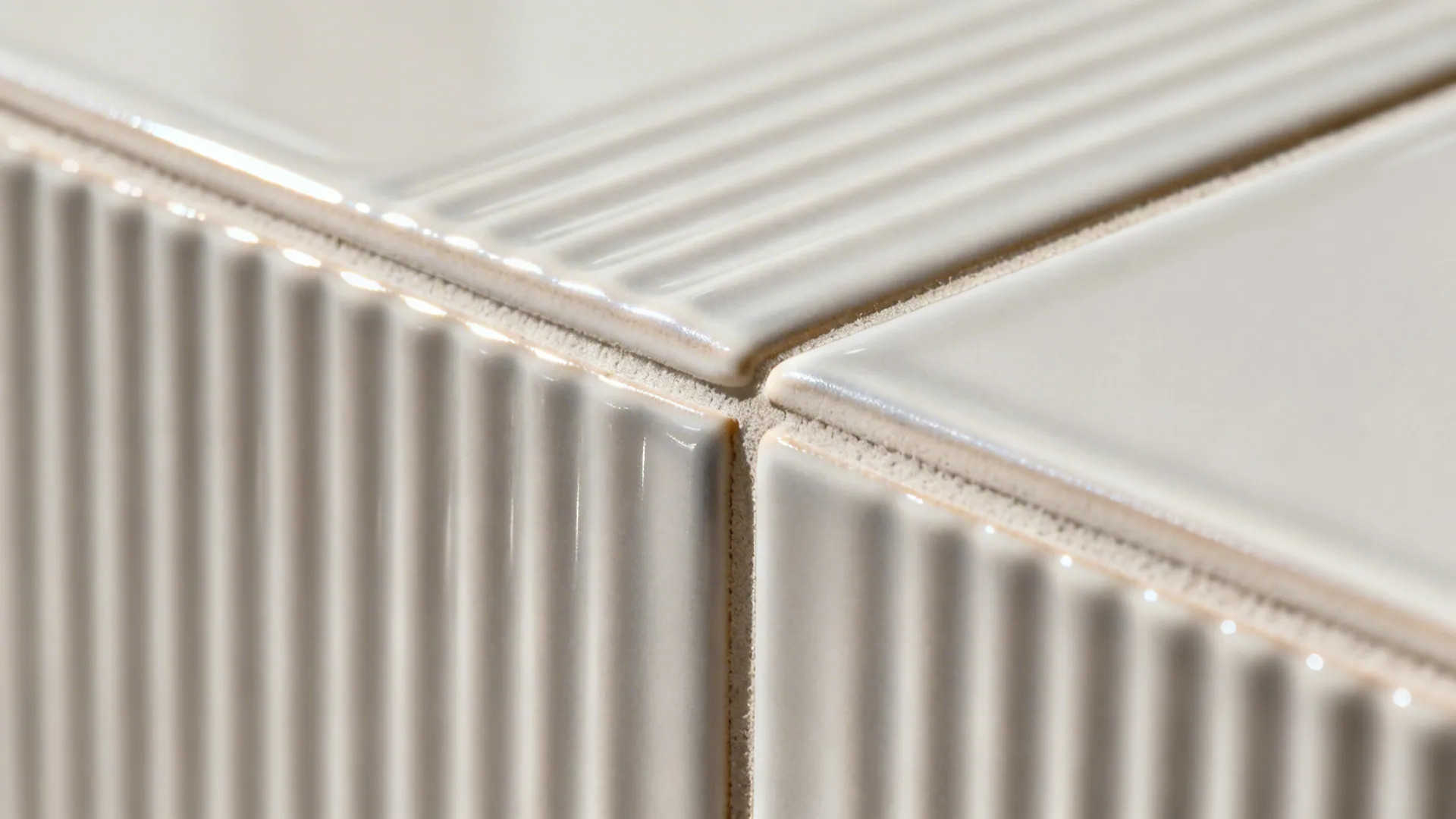 Macro of shallow-ribbed fluted tiles with satin glaze and clean grout lines.