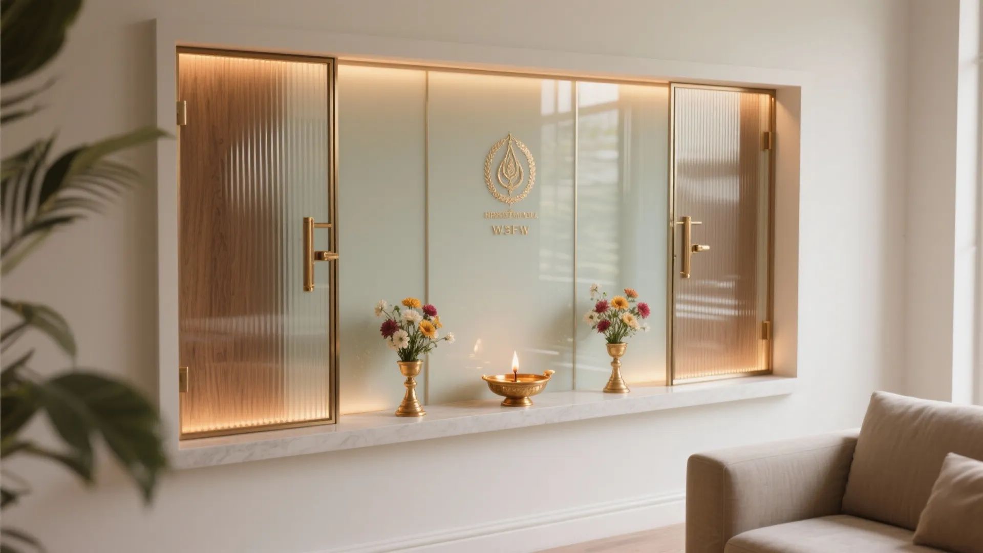 Fluted Glass Niche Mandir with Soft Backlighting