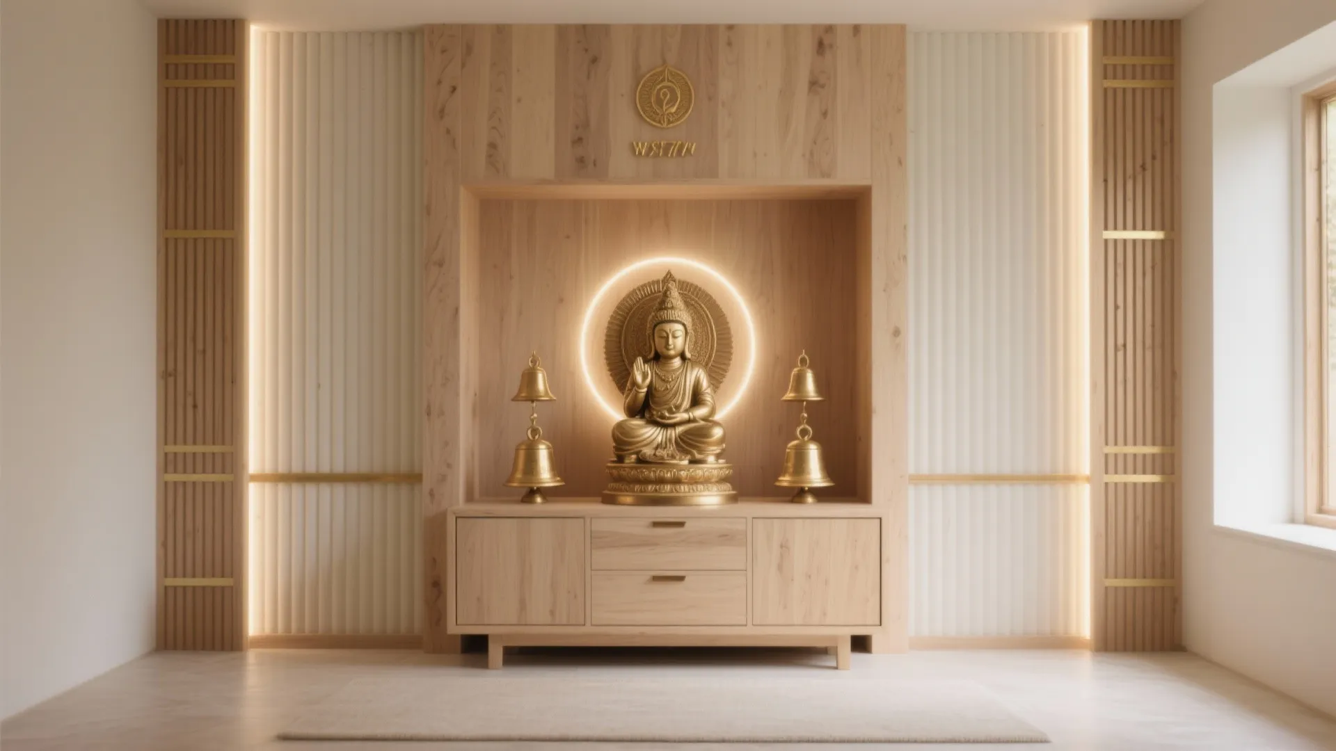 Minimal wooden mandir with fluted panels