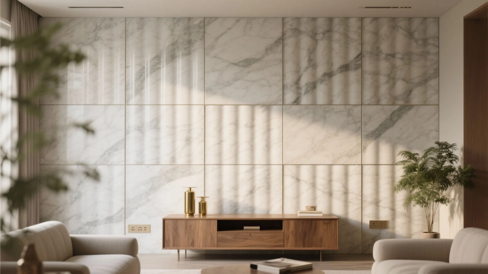 Modern living room featuring a marble wall panel with wooden cabinet and small indoor green plant
