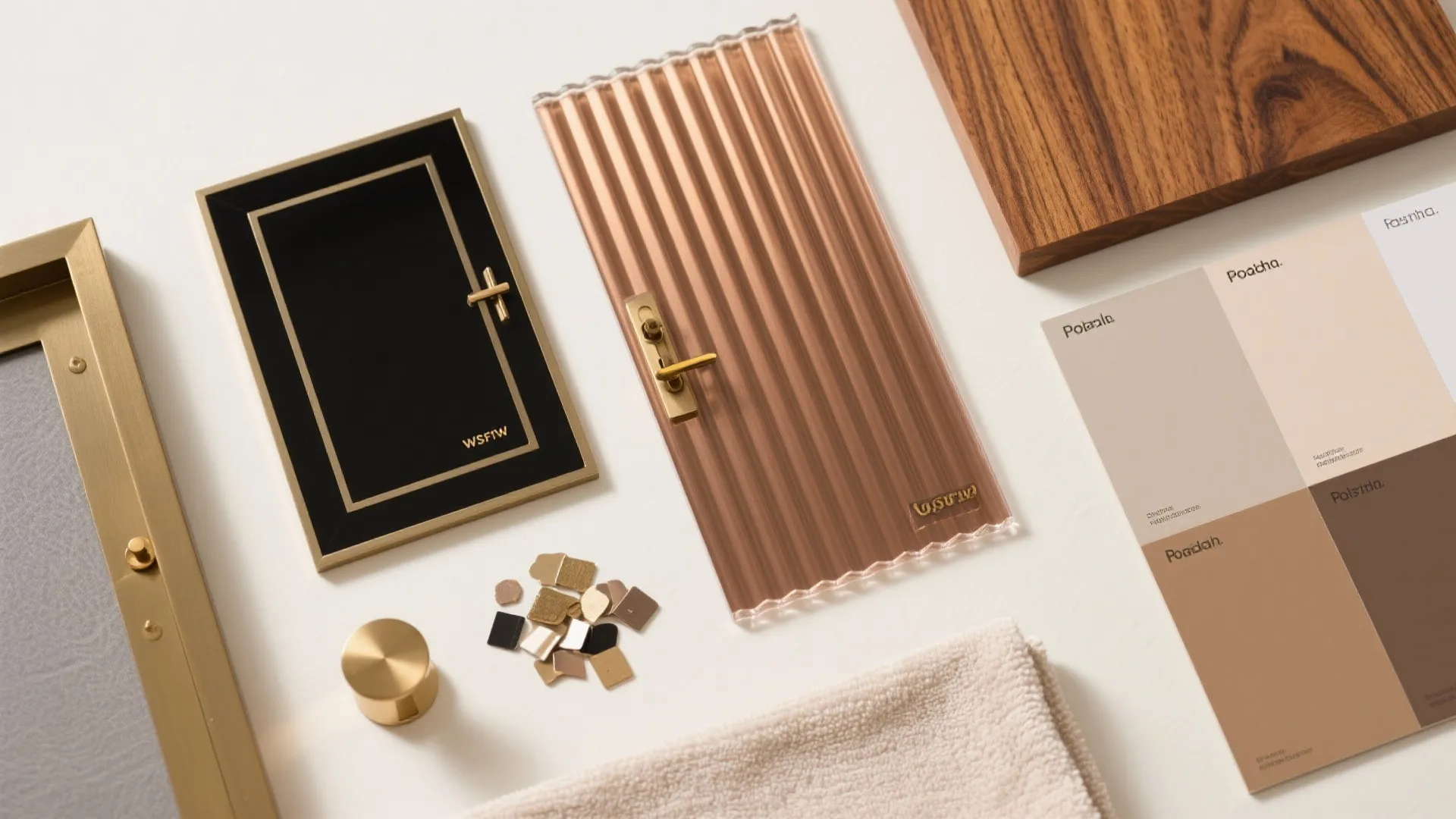 Flat lay of fluted acrylic, metal frame finishes, brass hardware, and warm wood veneer.