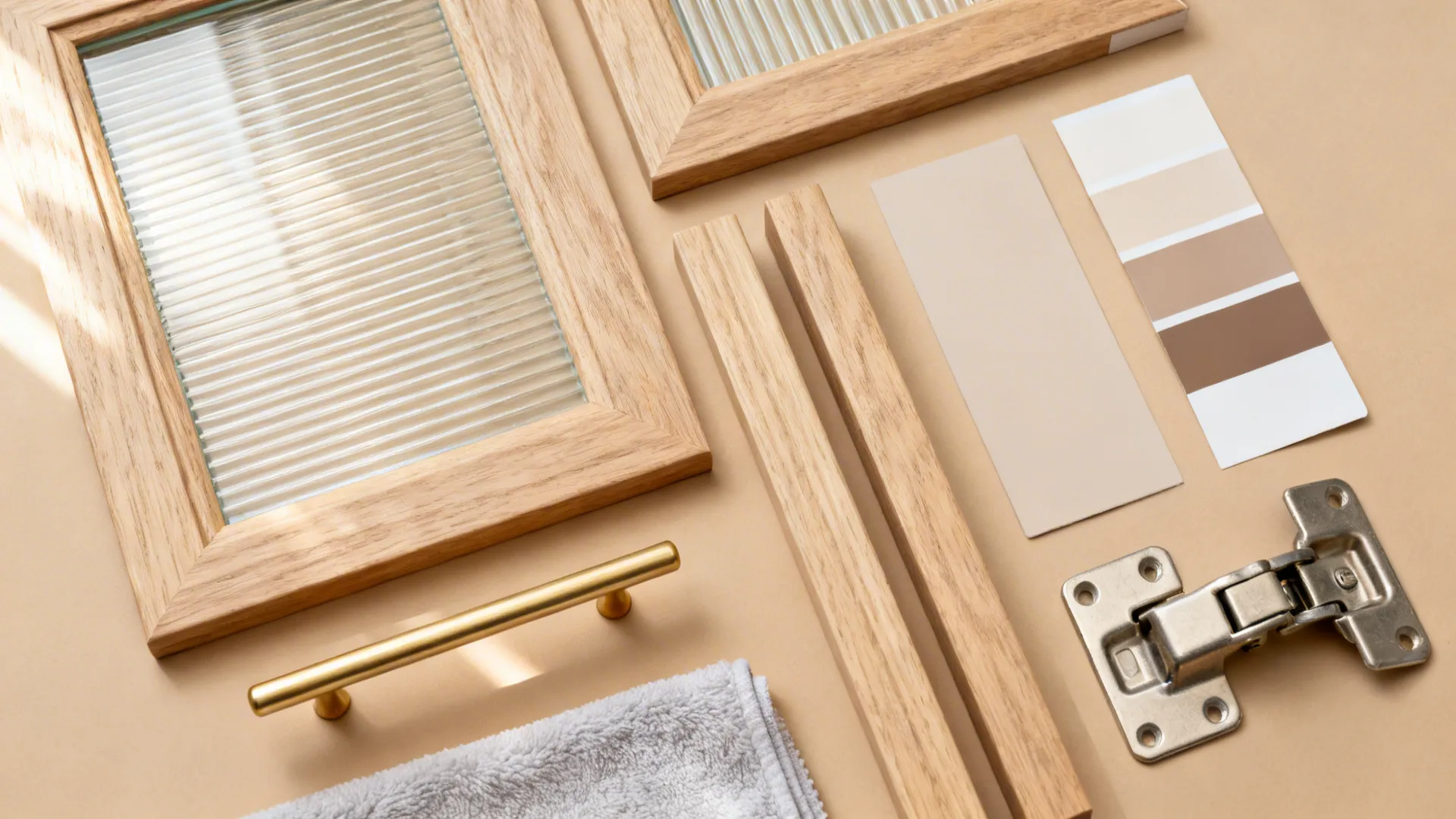 Flat lay of reeded glass, light oak, brass pulls, hinges, and neutral chips.