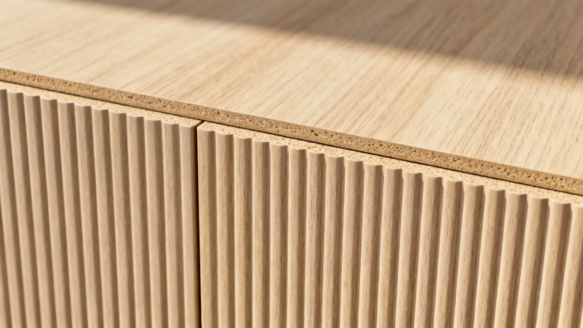 Macro of matte fluted MDF panel showing clean grooves and low-sheen finish.