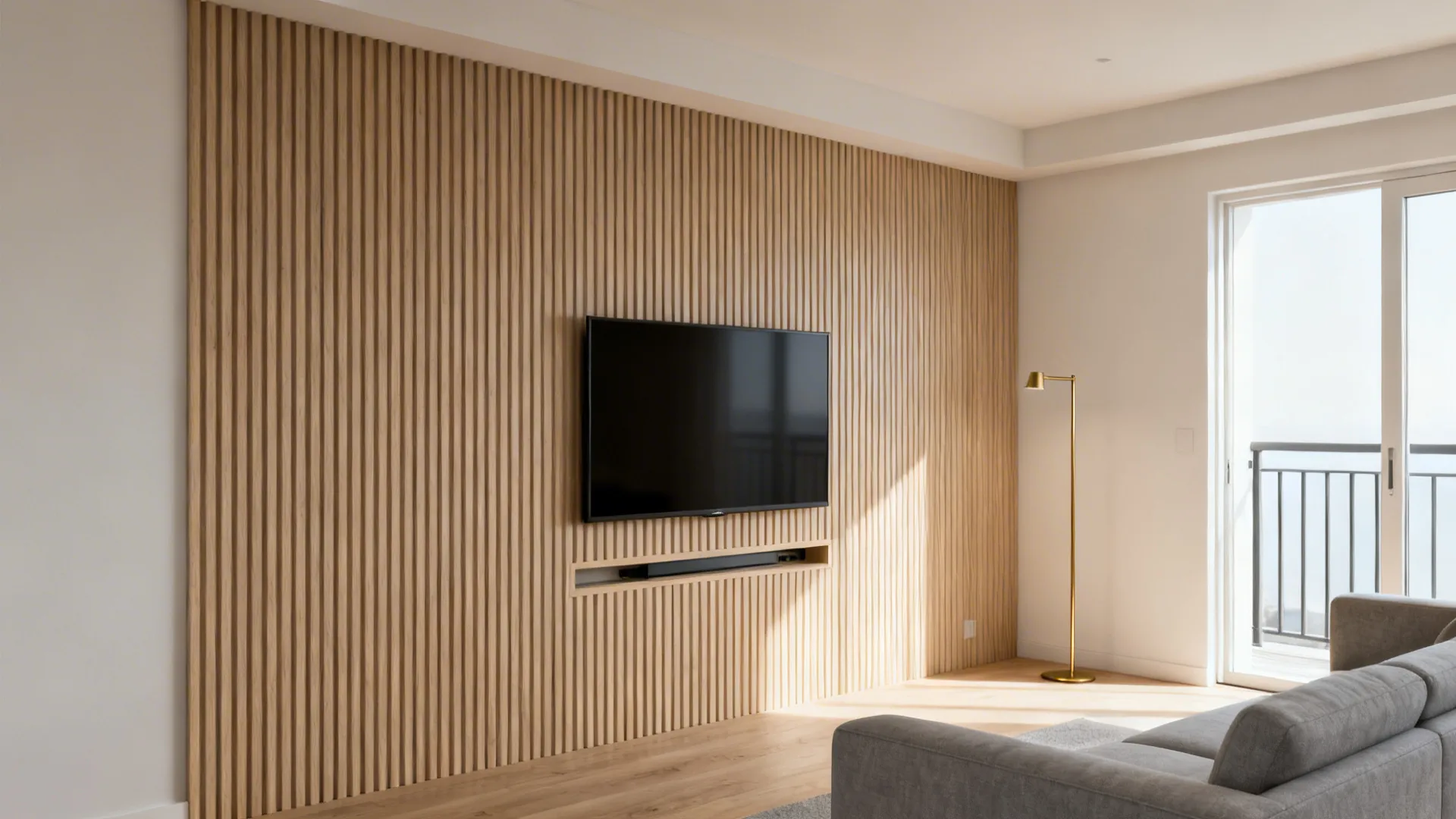 Matte fluted MDF feature wall behind a TV in a compact Indian living room.